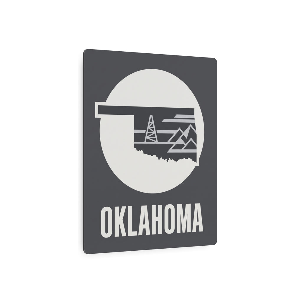Oklahoma square metal wall sign with white circle oil rig design and OKLAHOMA lettering
