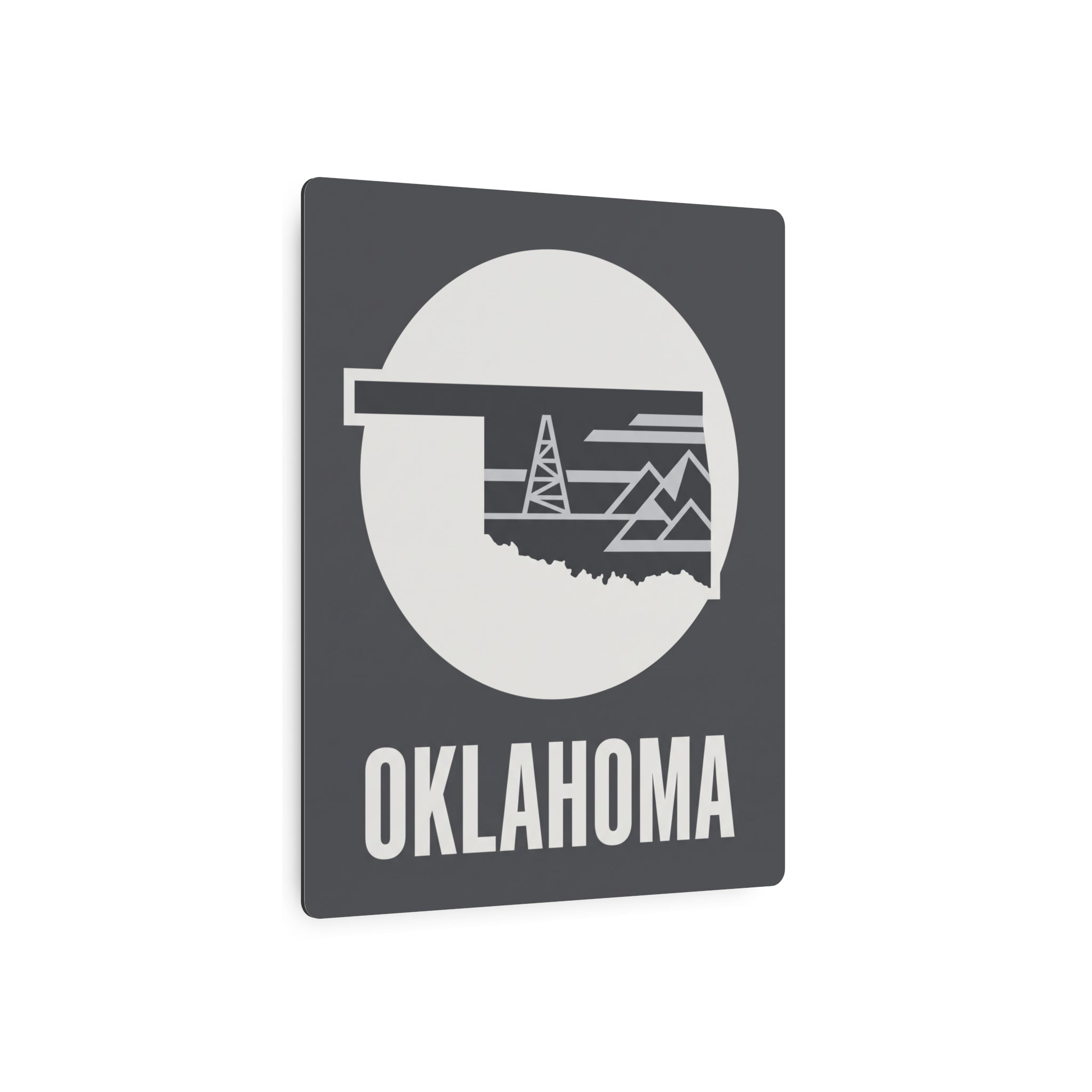 Oklahoma square metal wall sign with white circle oil rig design and OKLAHOMA lettering