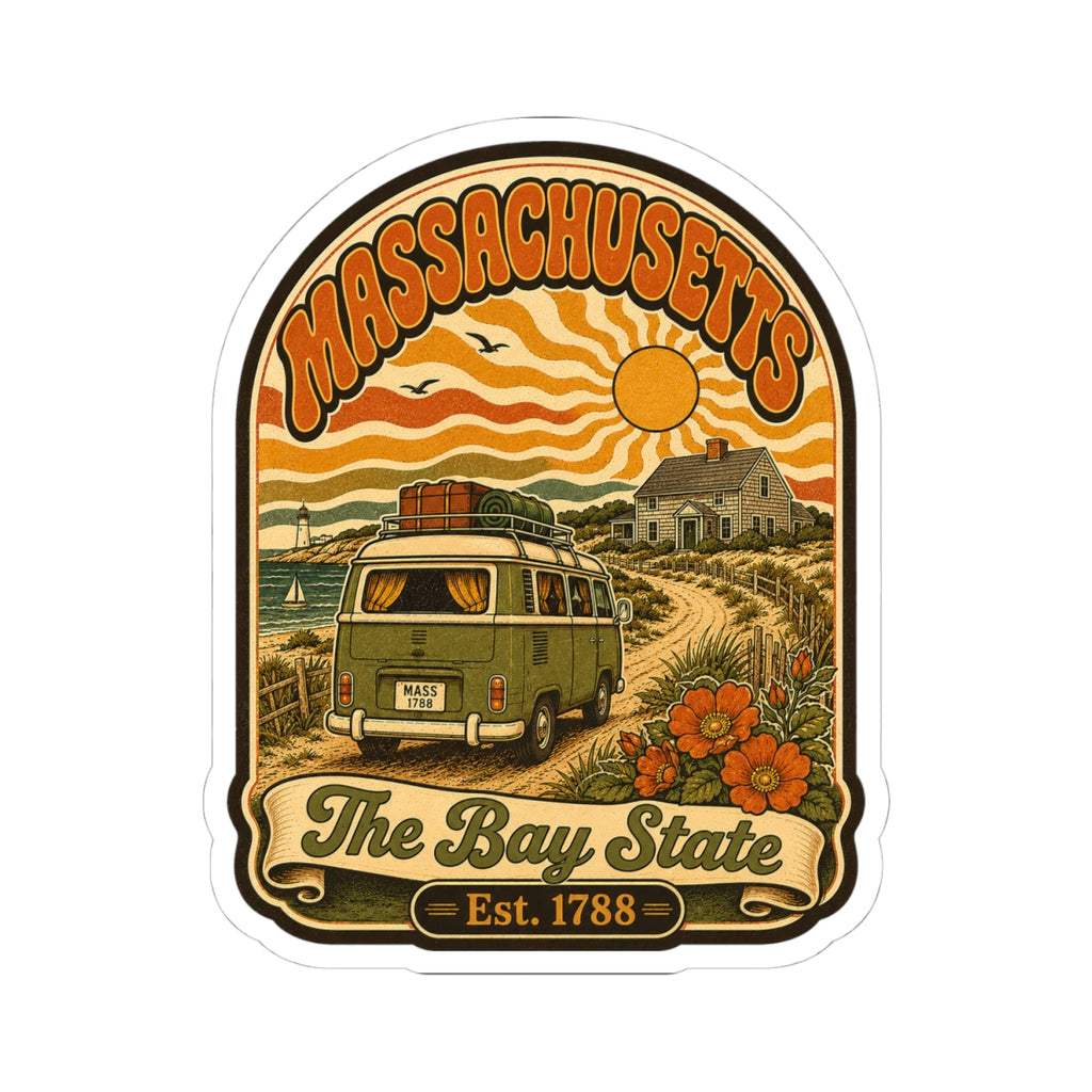 White-backed kiss-cut Massachusetts sticker showing vintage van landscape and sun