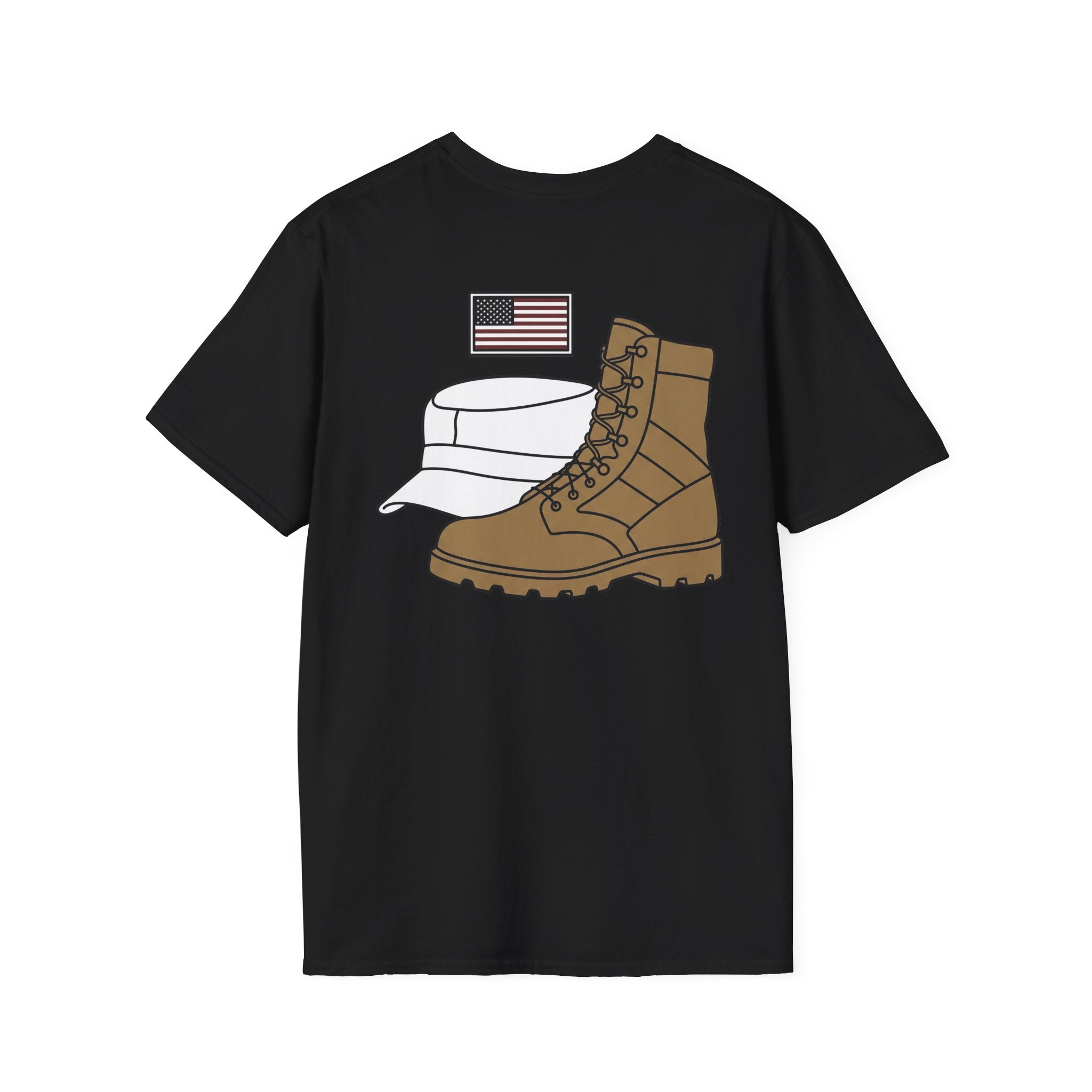 Black T-shirt with American flag and tan boot graphic on the chest