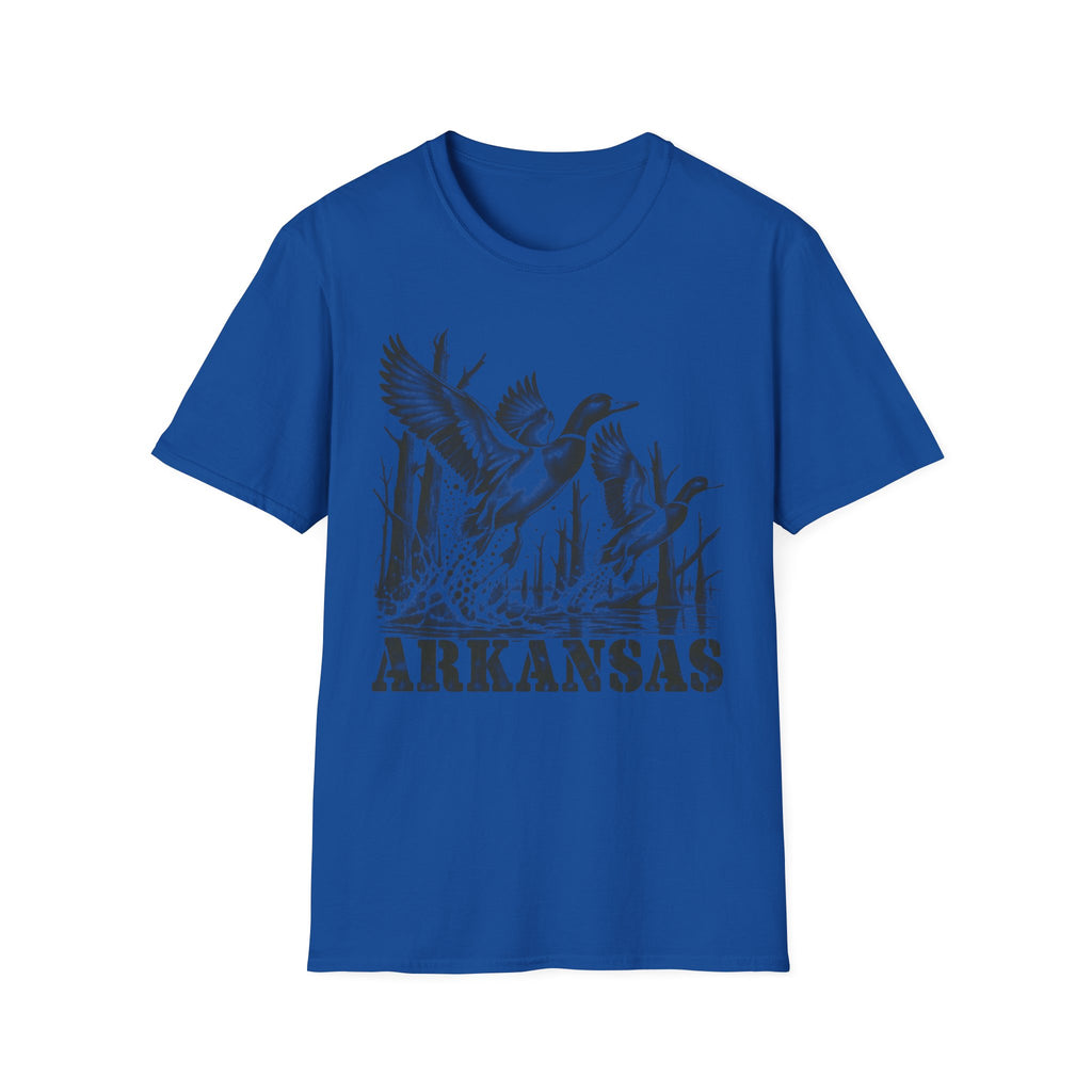 Royal blue crewneck T-shirt with Arkansas duck graphic print on front