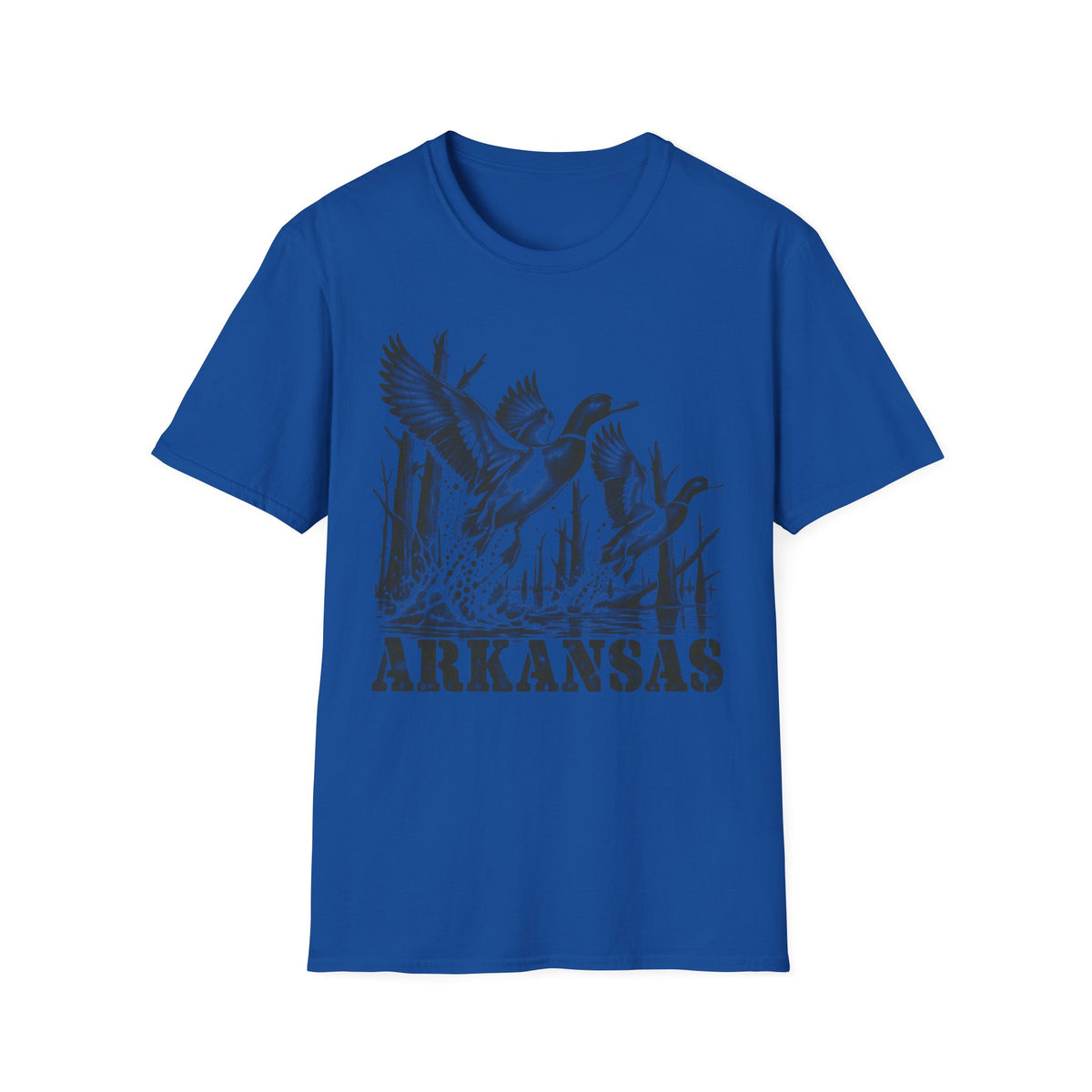 Royal blue crewneck T-shirt with Arkansas duck graphic print on front