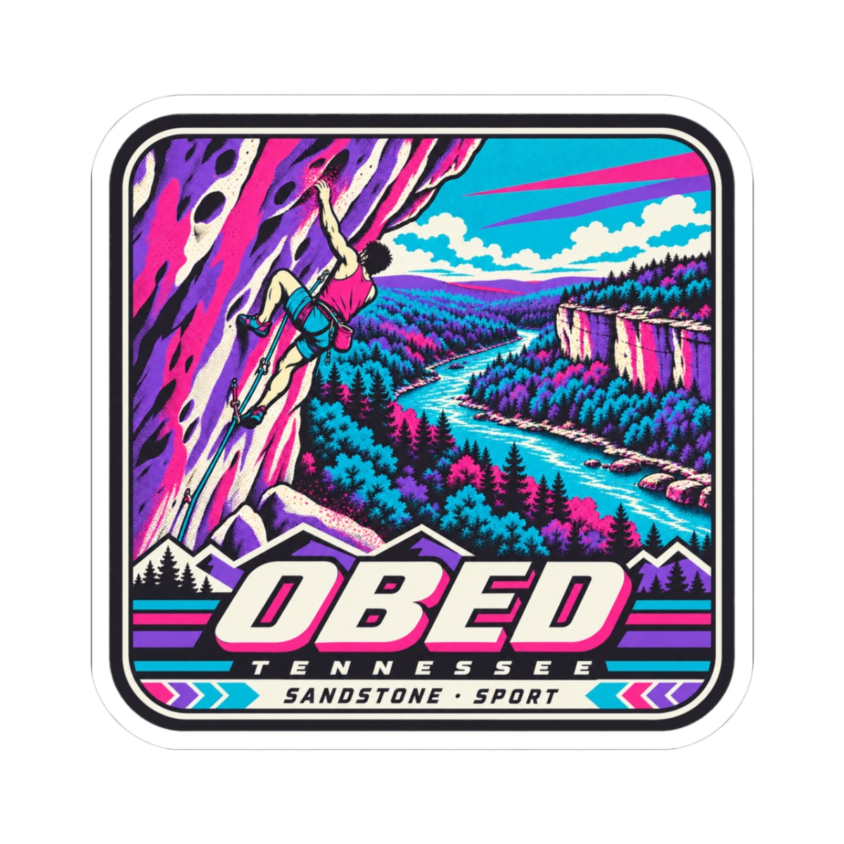 Rock climbing sticker with neon climber scene, bold OBED lettering, white kiss-cut border