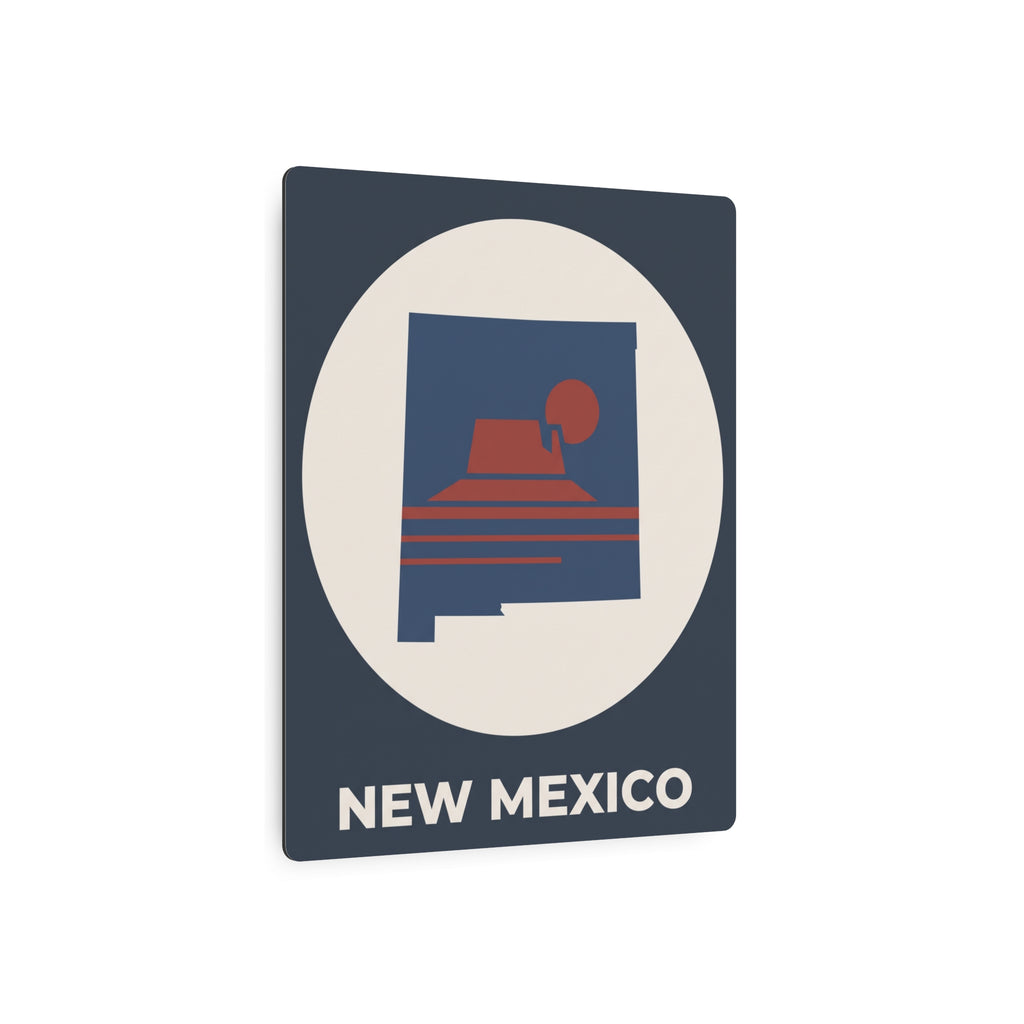 New Mexico metal silhouette wall sign with dark blue background, white oval, and “NEW MEXICO”