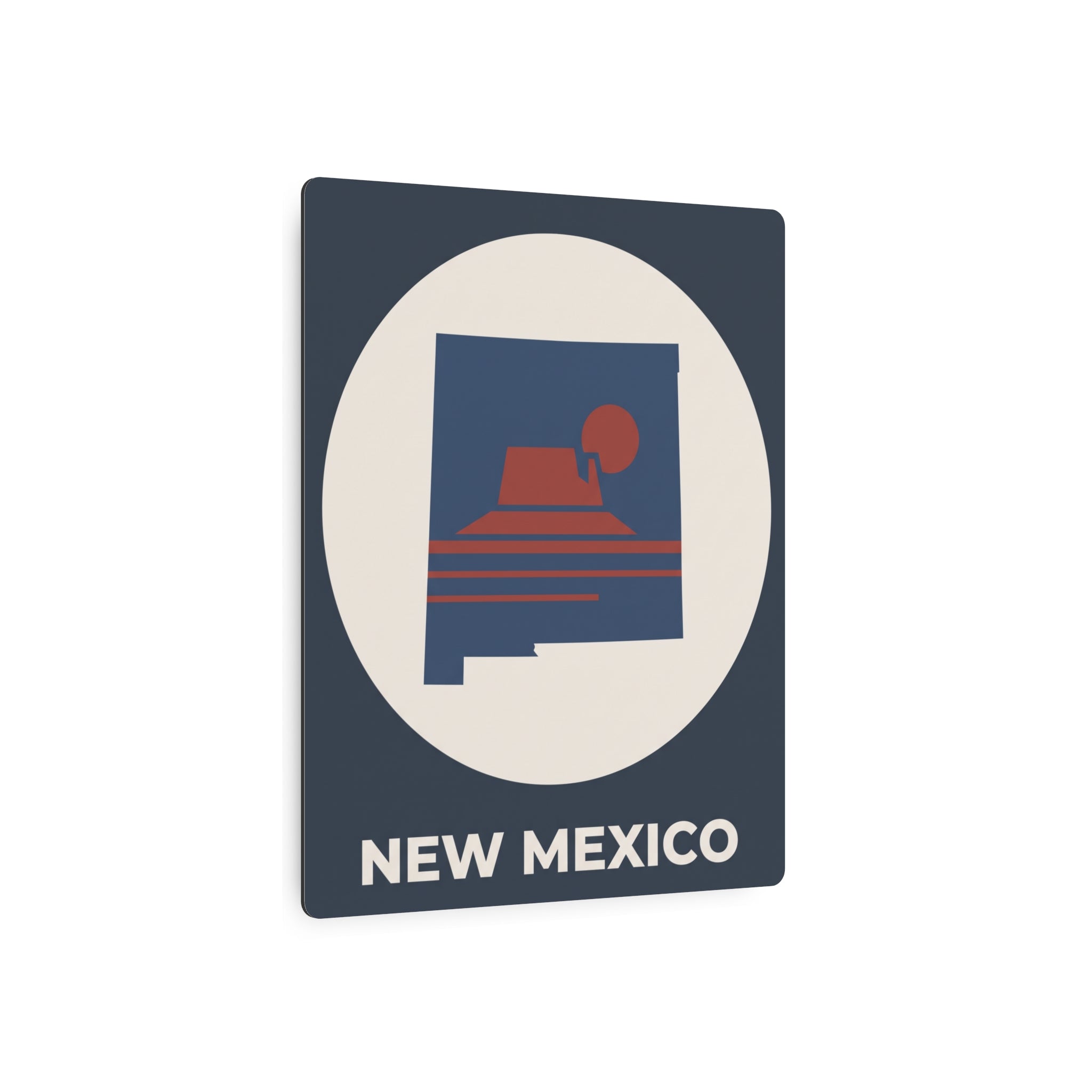 New Mexico metal silhouette wall sign with dark blue background, white oval, and “NEW MEXICO”