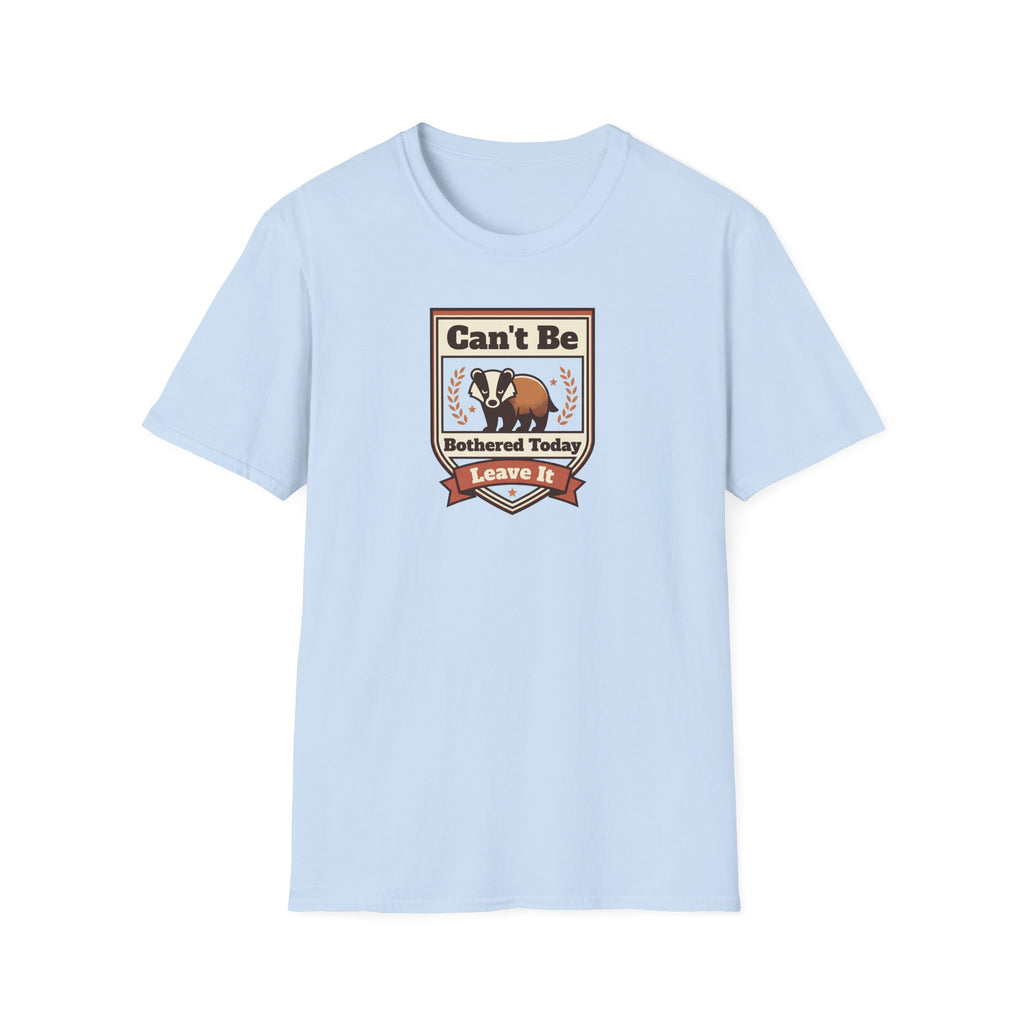 Men's light blue graphic T-shirt with front logo text and dog illustration