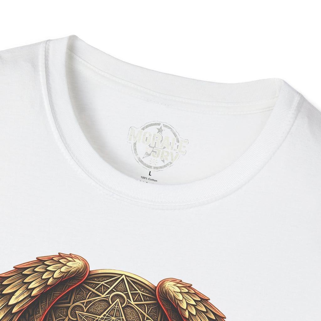 White crew-neck T-shirt close-up of inside collar label