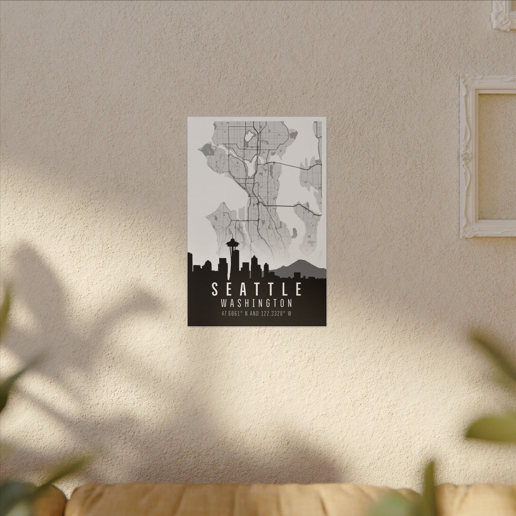 Seattle skyline map matte canvas, centered “SEATTLE WASHINGTON” text with map background.