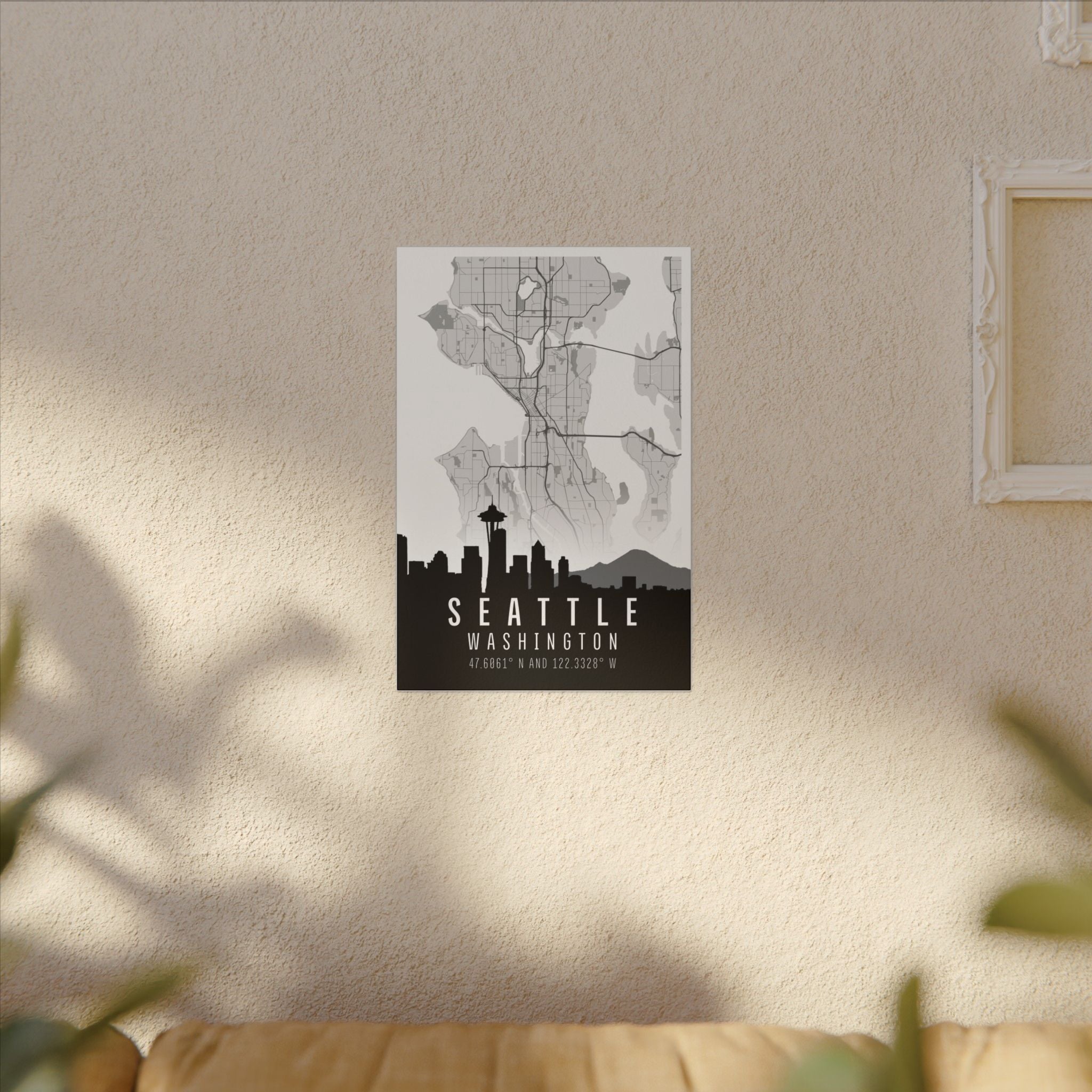 Seattle skyline map matte canvas, centered “SEATTLE WASHINGTON” text with map background.