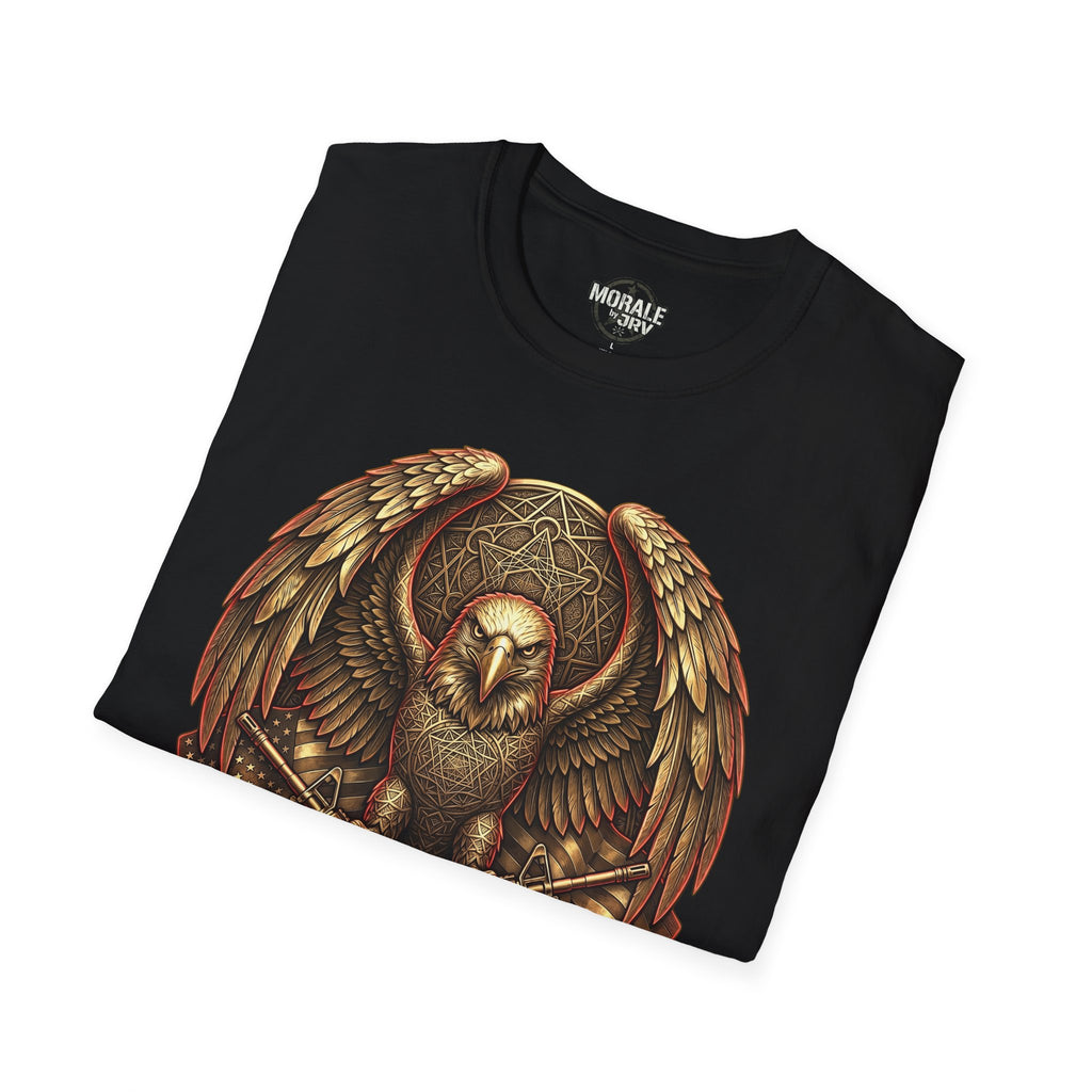 Black T-shirt with warrior owl in shield, wings, and crossed axes art