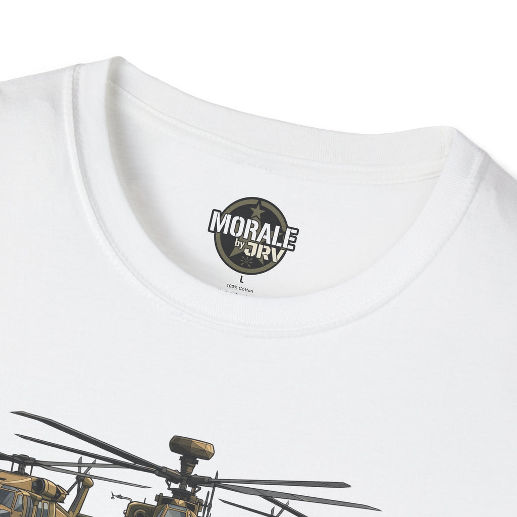 White T-shirt neckline with round “Morale by DRIV” logo