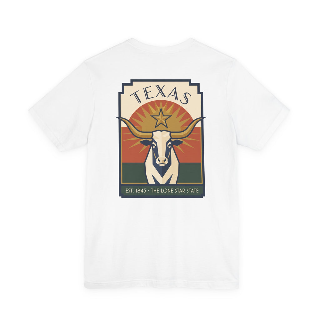 White T-shirt with retro Texas graphic, longhorn head and star logo in square frame