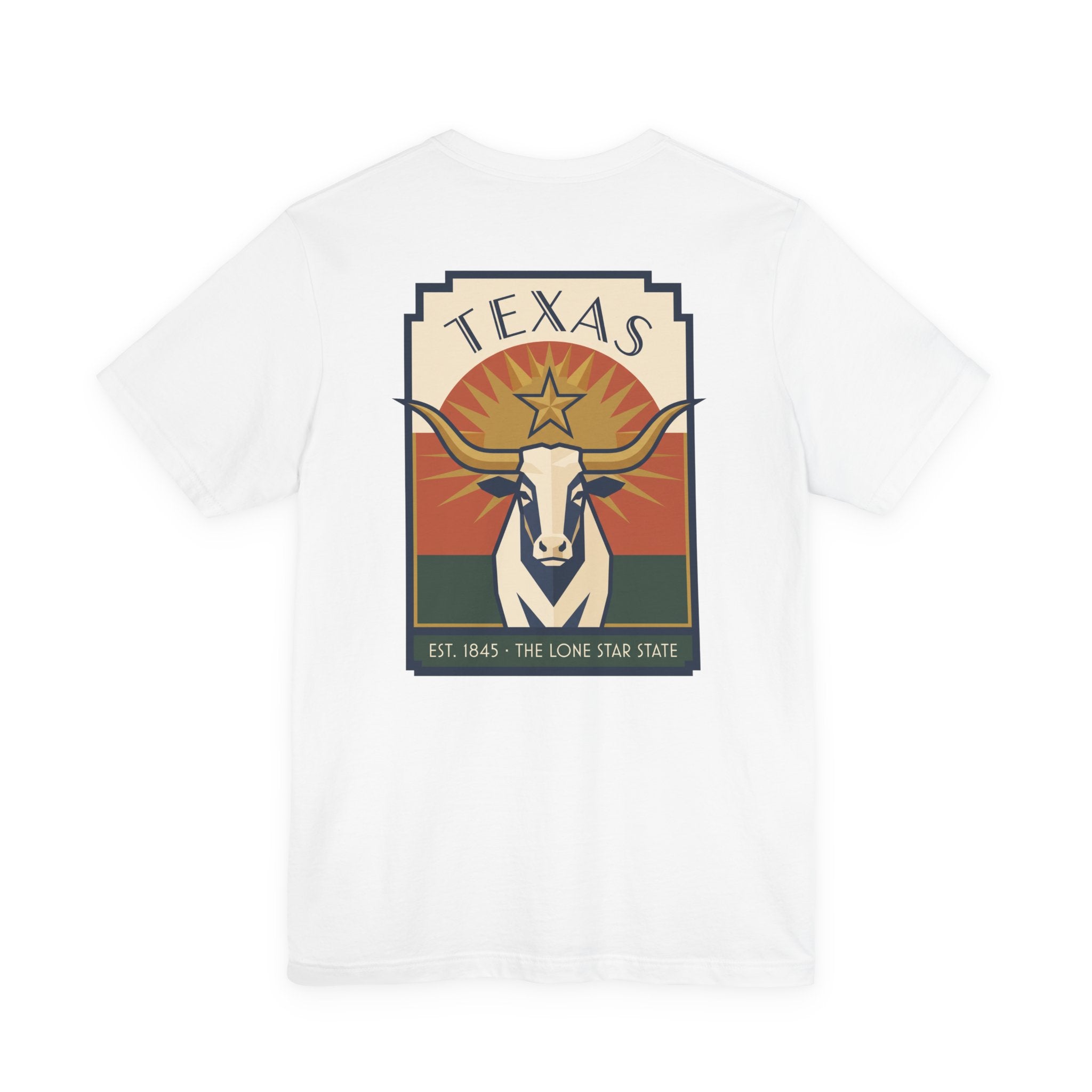 White T-shirt with retro Texas graphic, longhorn head and star logo in square frame