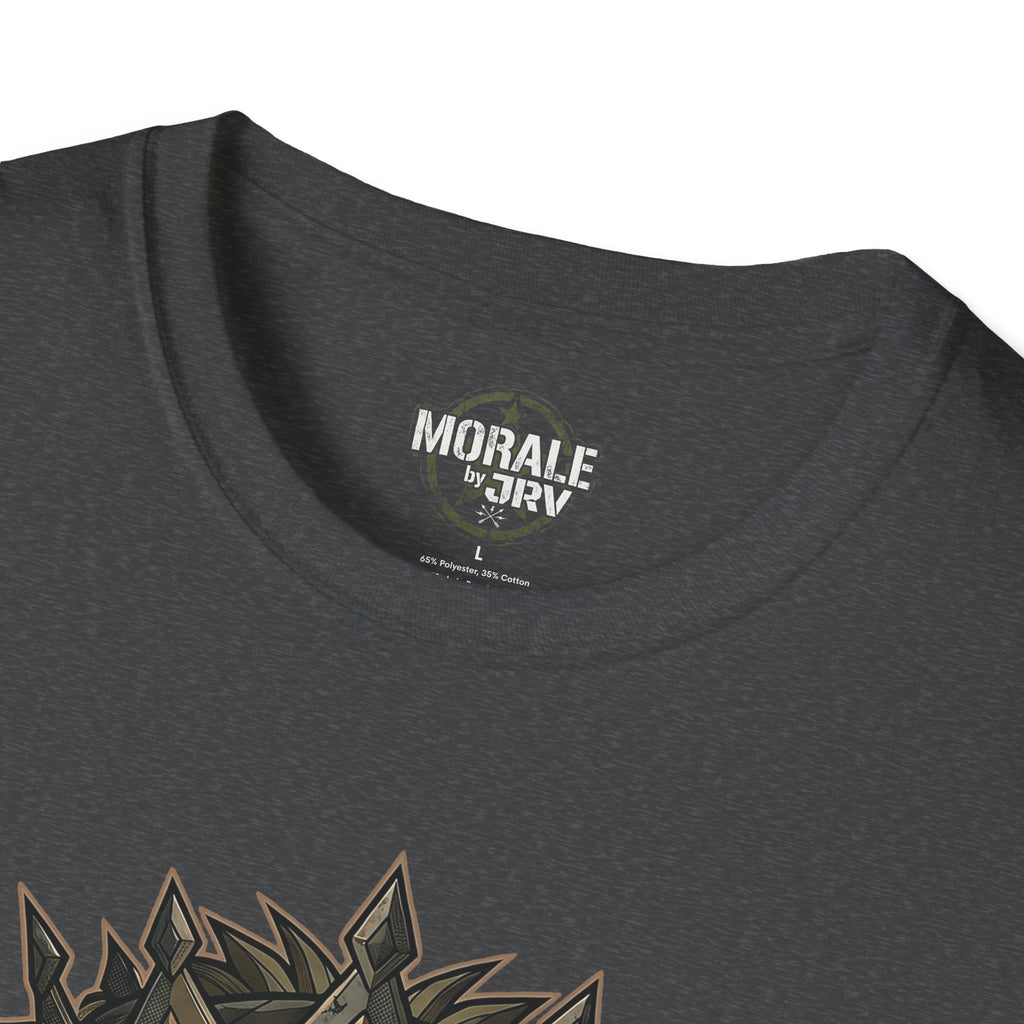 Charcoal gray T-shirt collar with brand logo, partial lion print below