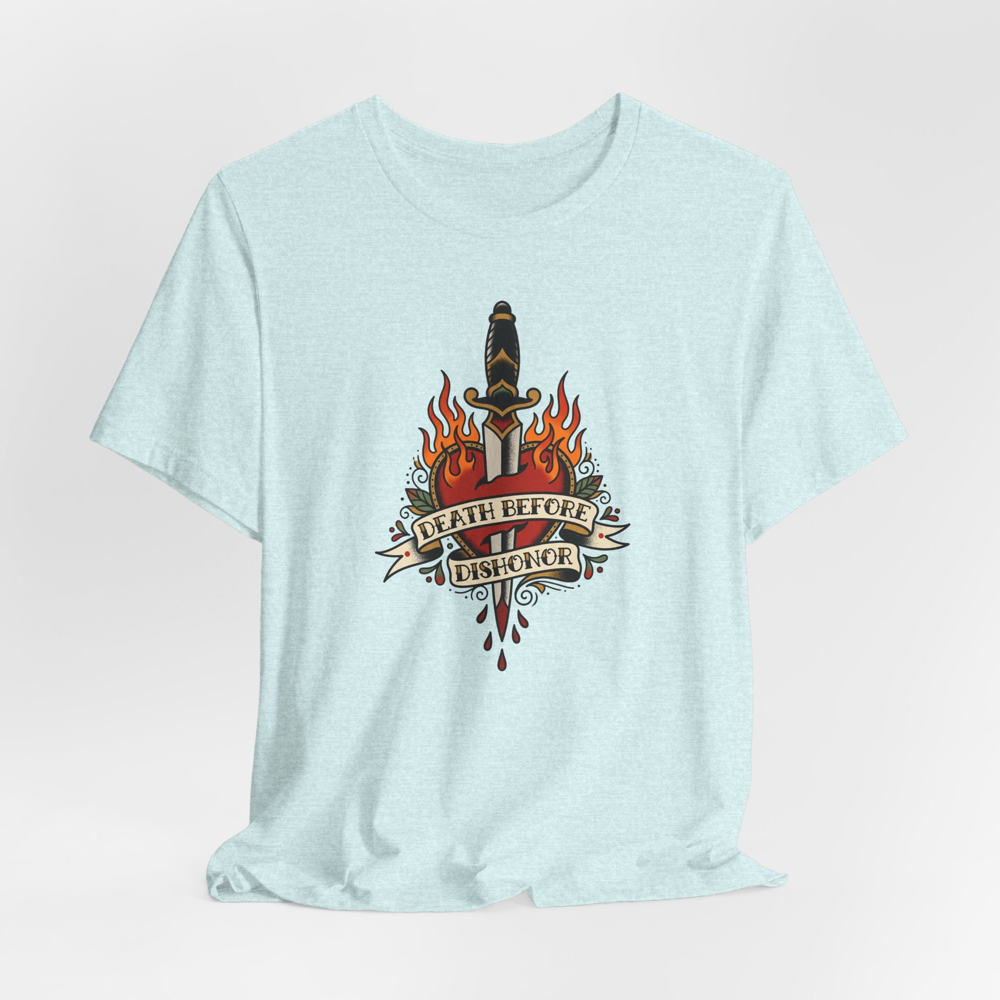 Light blue graphic T-shirt front with dagger and flames emblem