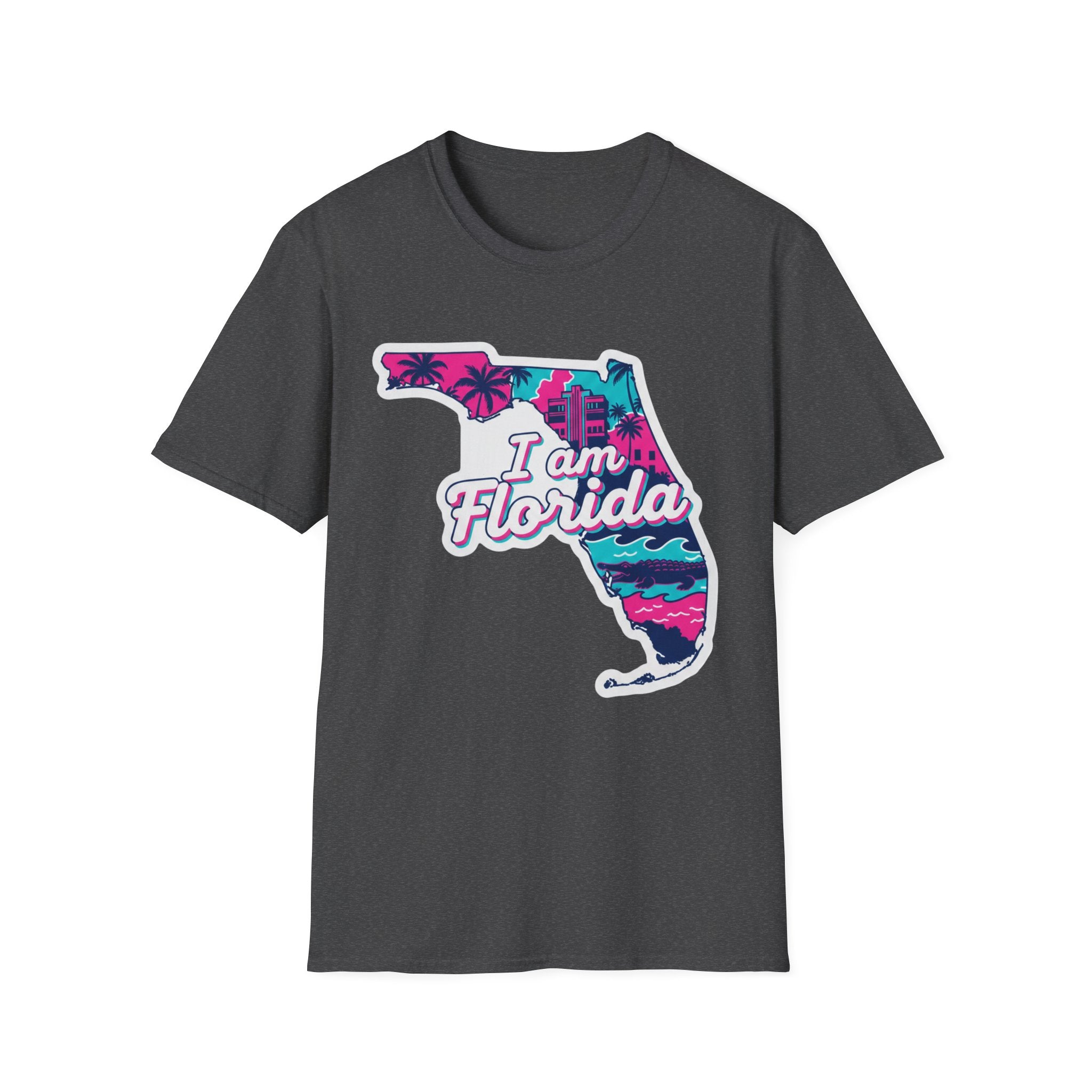 Florida T-Shirt „I am Florida“ Retro-Karte mit Palmen, Dark Heather