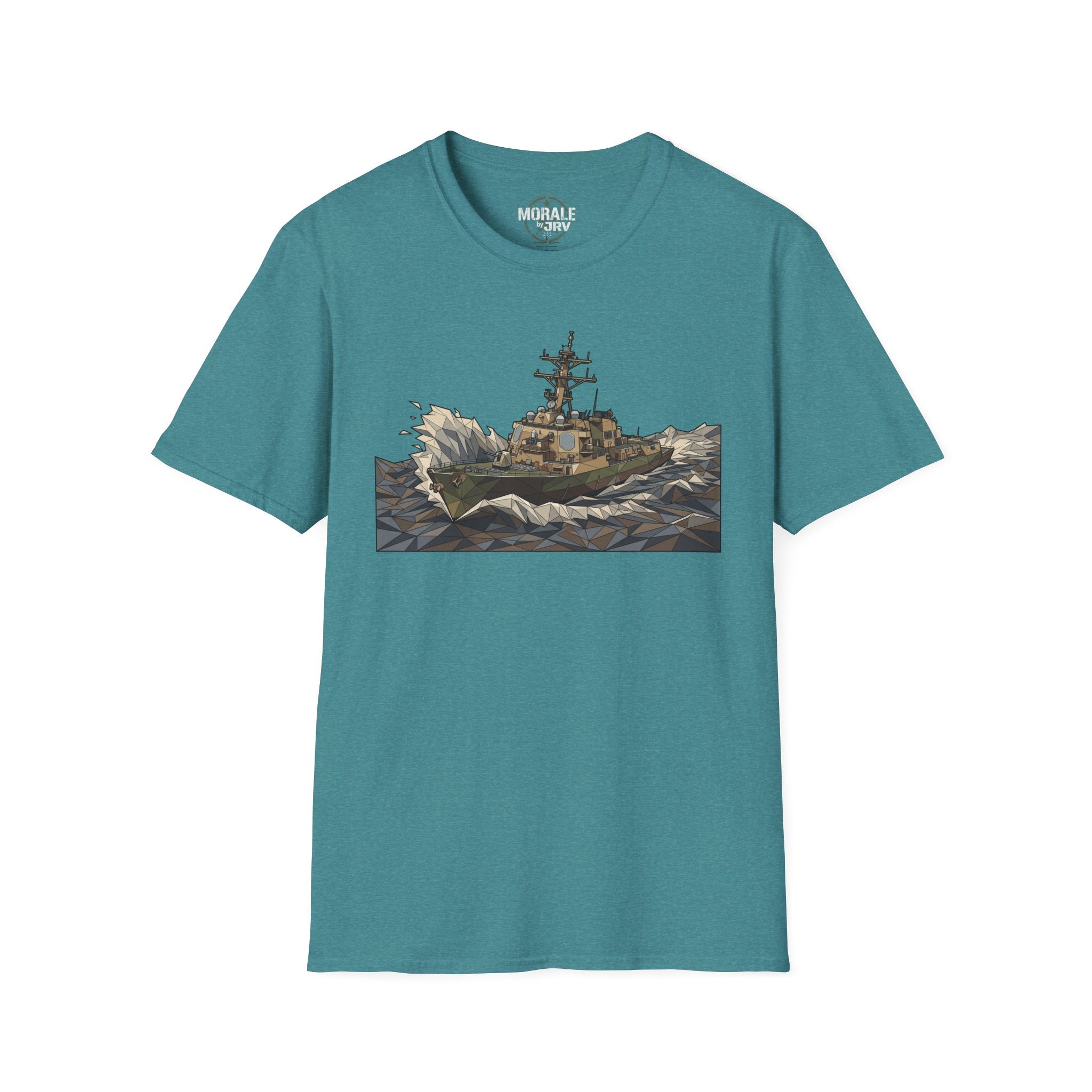 Teal maritime rescue T-shirt featuring rough seas cutter ship graphic on front