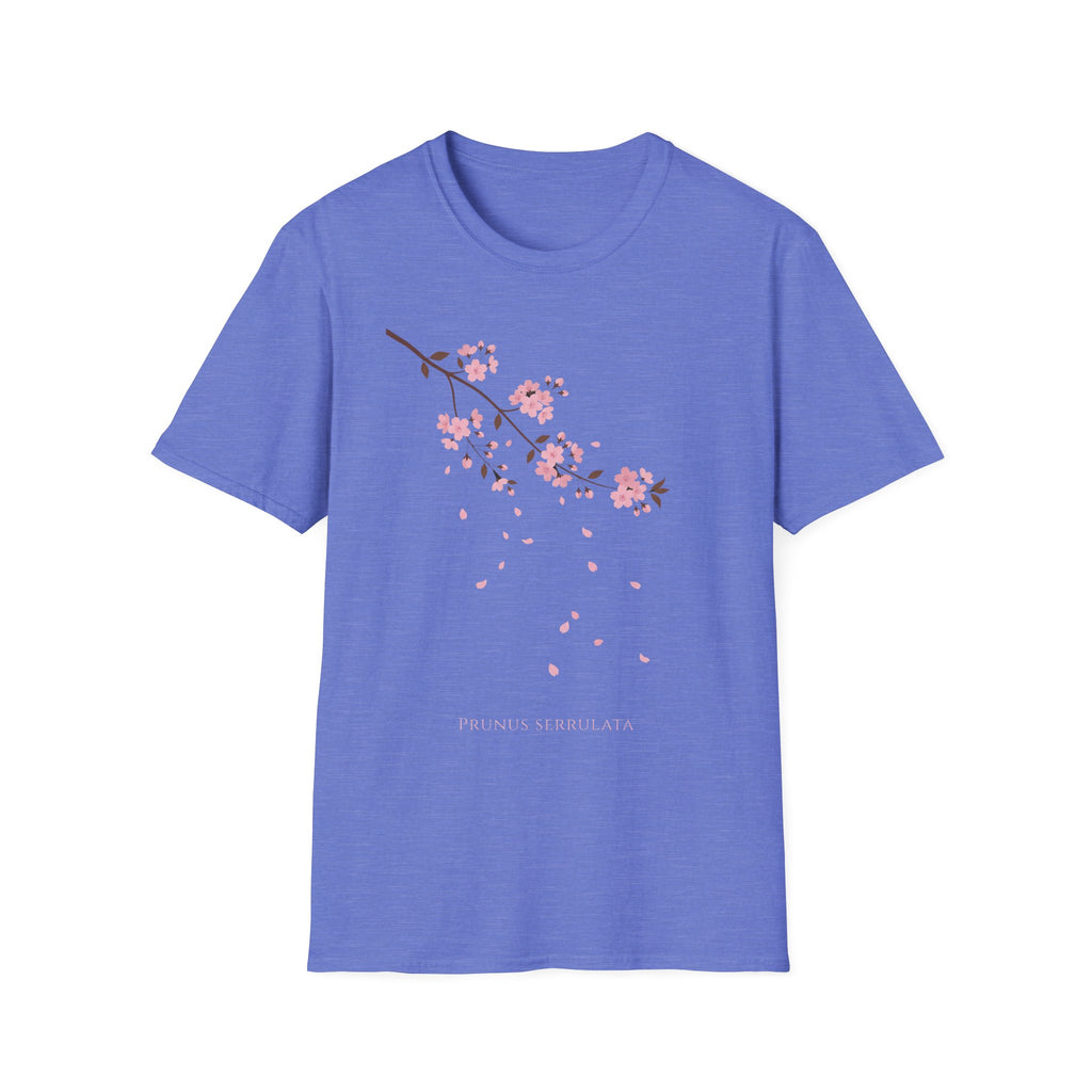 Cherry Blossom Branch T-Shirt, periwinkle blue with pink sakura branch and falling petals