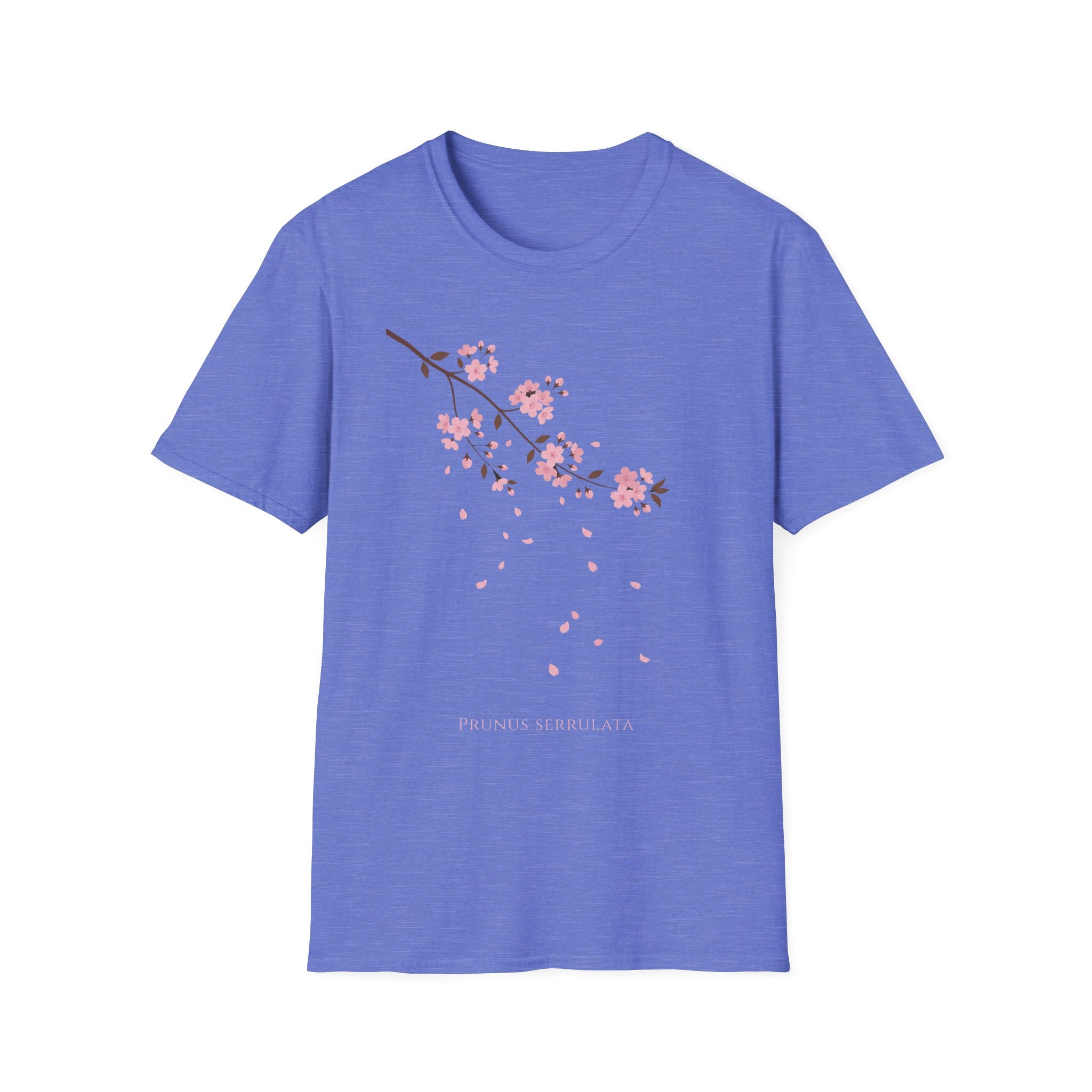 Cherry Blossom Branch T-Shirt, periwinkle blue with pink sakura branch and falling petals