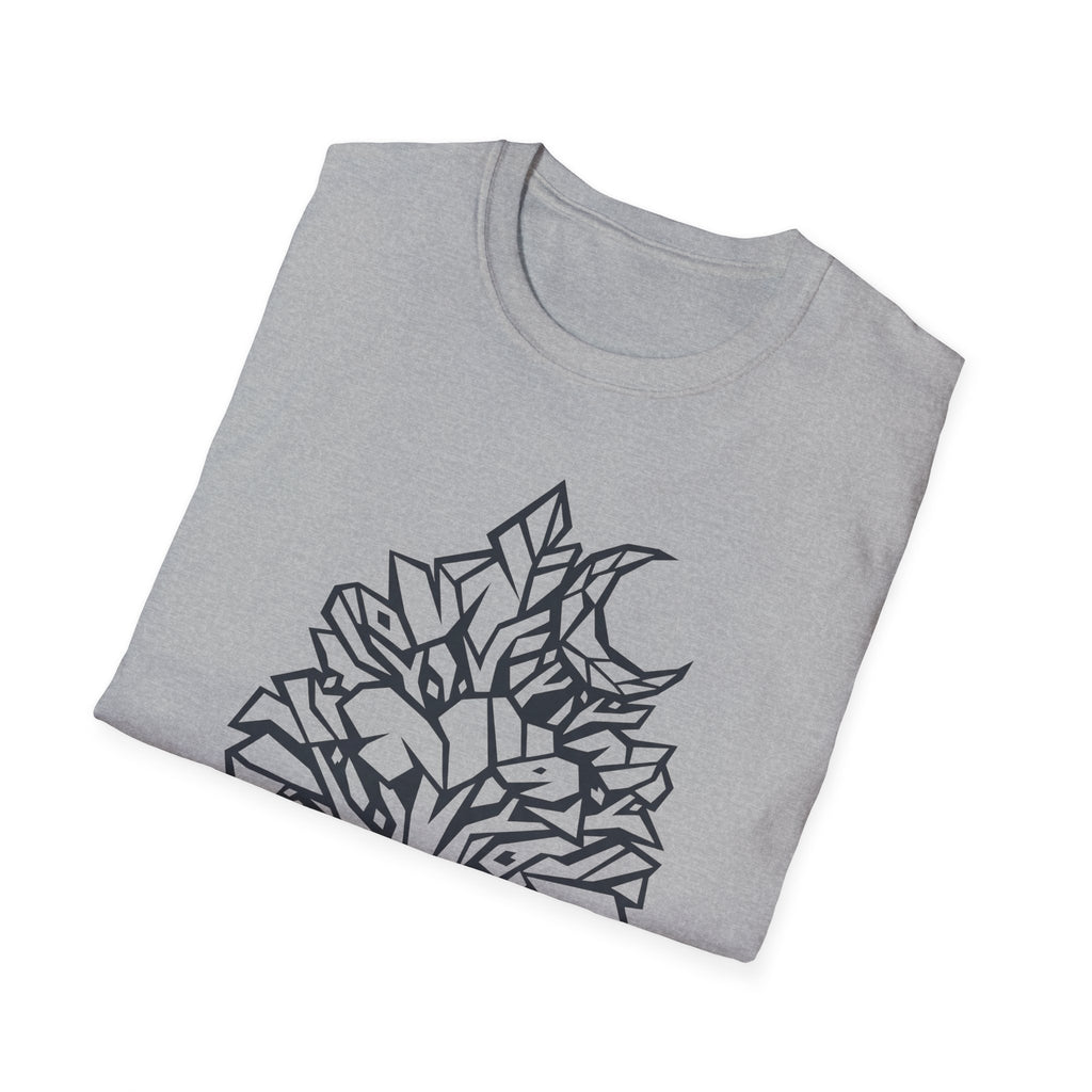 Dark Heather T-shirt with geometric botanical tree moon line-art graphic
