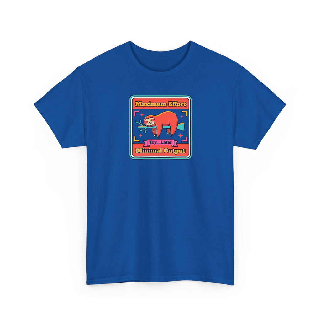 Royal blue short-sleeve crewneck T-shirt with sloth graphic