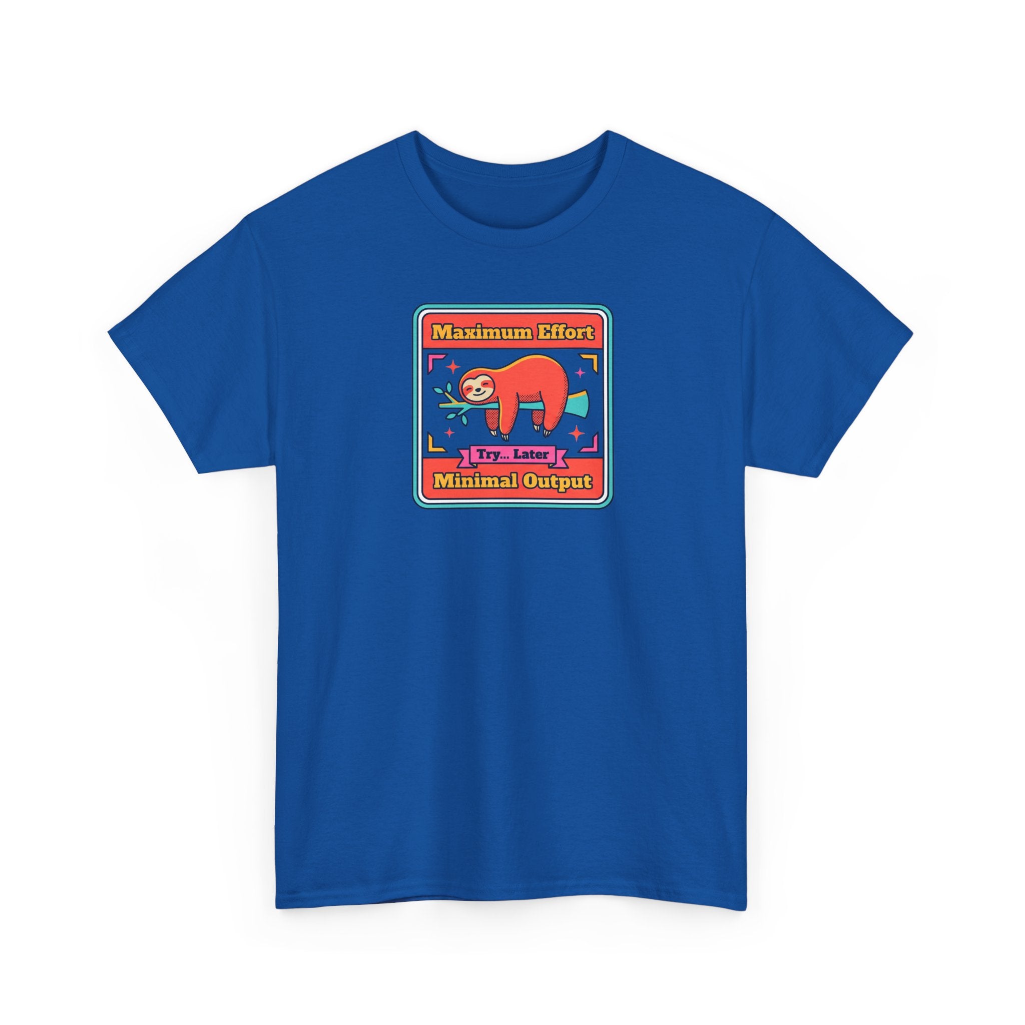 Royal blue short-sleeve crewneck T-shirt with sloth graphic