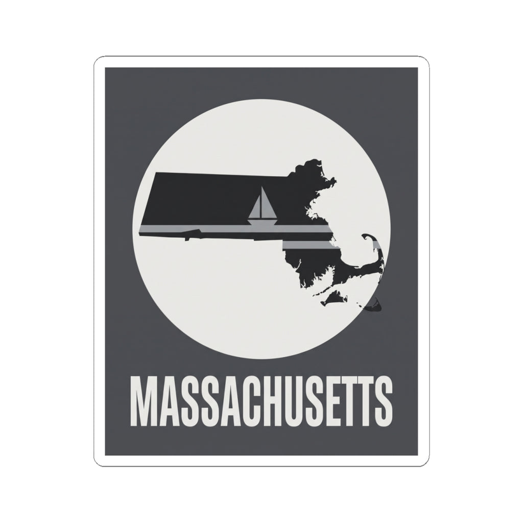 Massachusetts sailboat silhouette sticker with retro circle design and “MASSACHUSETTS”