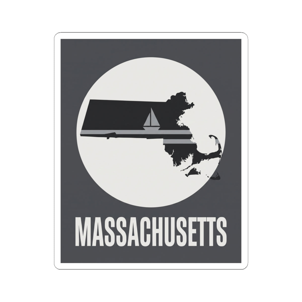Massachusetts sailboat silhouette sticker with retro circle design and “MASSACHUSETTS”