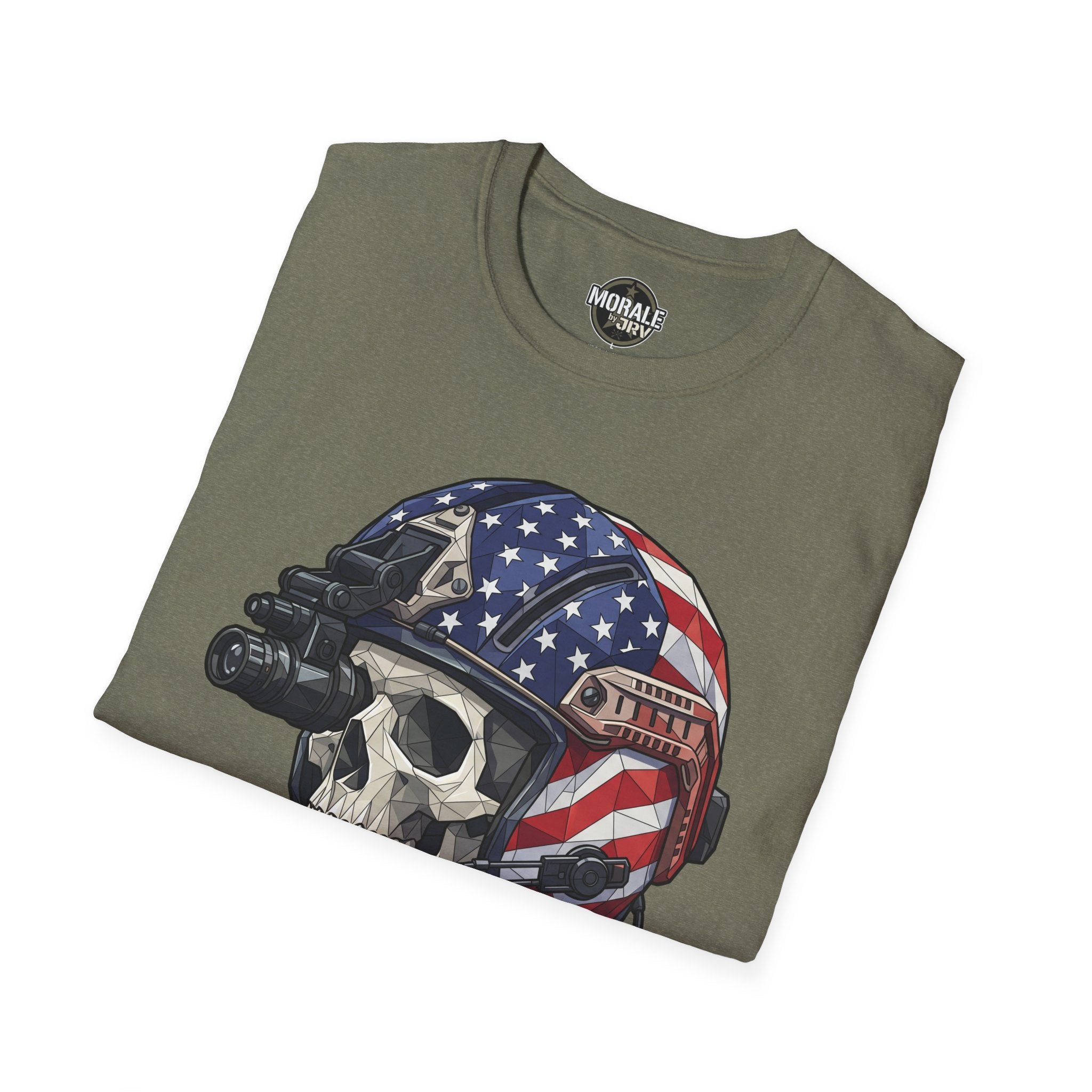 Tactical skull helmet T-shirt in military green with American flag helmet graphic