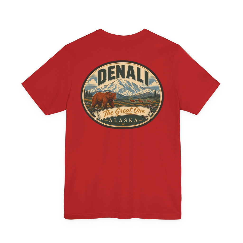 Red crew-neck T-shirt with large oval Denali graphic on chest