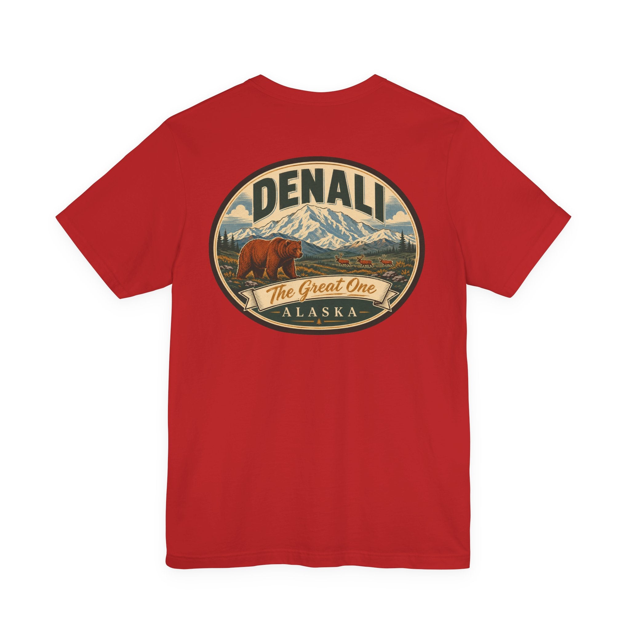 Red crew-neck T-shirt with large oval Denali graphic on chest