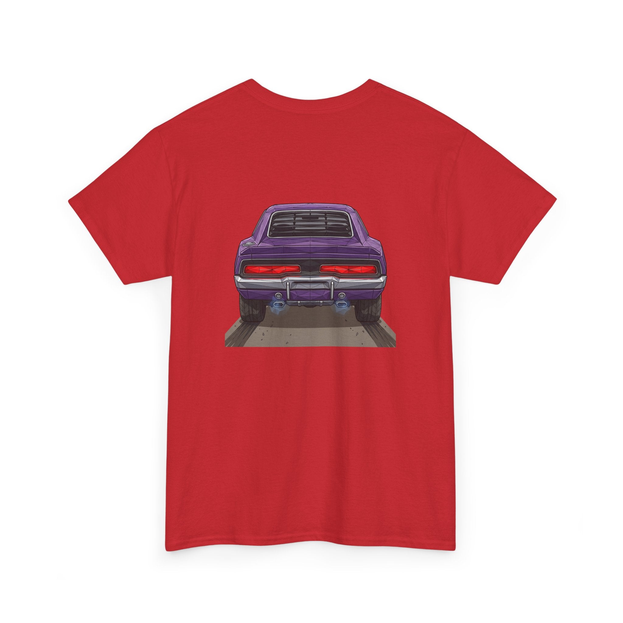 Red T-shirt with retro muscle car graphic on back, centered