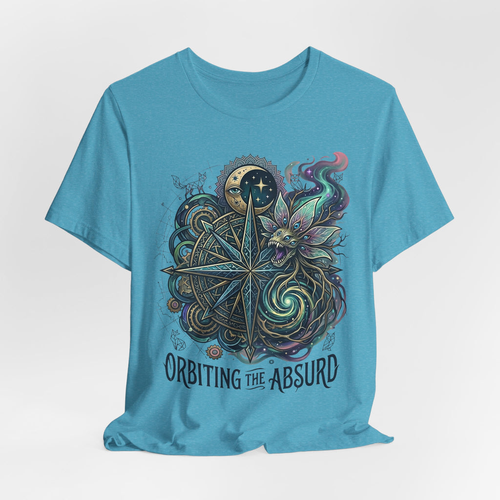 Celestial Compass T-Shirt (Heather Aqua) “ORBITING THE ABSURD” front print