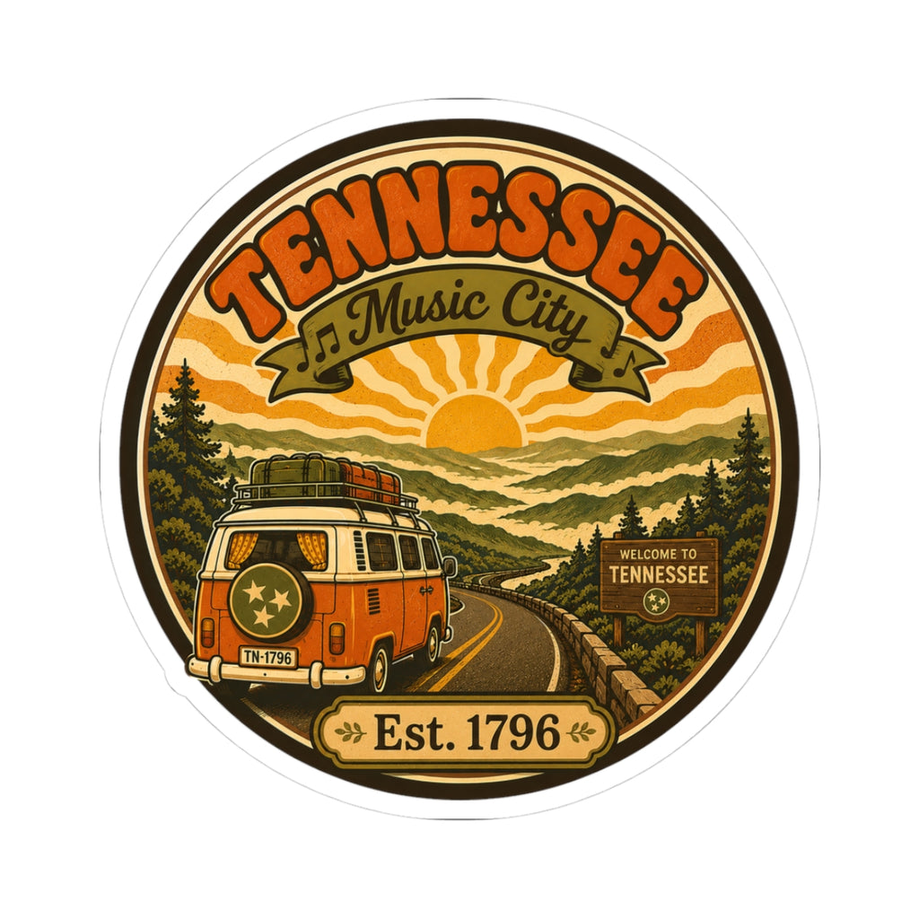 Round Tennessee Music City vintage van sticker with orange sunset scene and Est. 1796 text