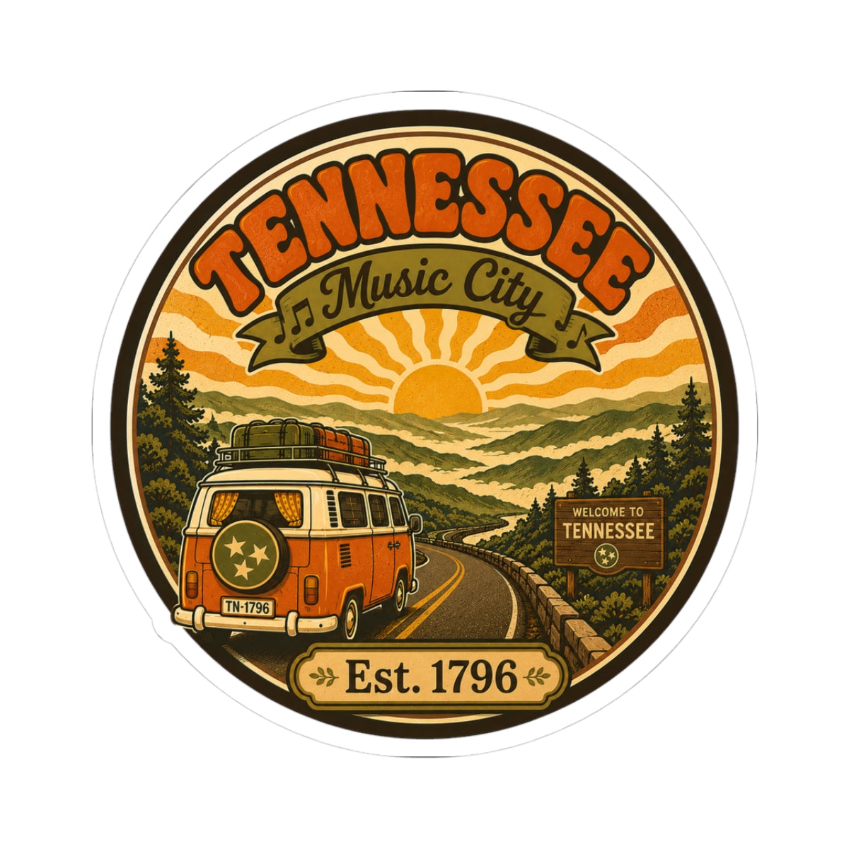 Round Tennessee Music City vintage van sticker with orange sunset scene and Est. 1796 text
