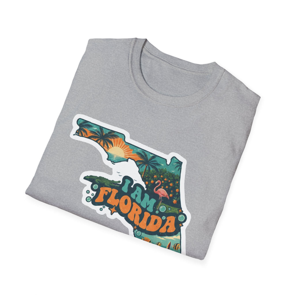 Florida T-shirt in sport grey with Florida map tropical sunset graphic