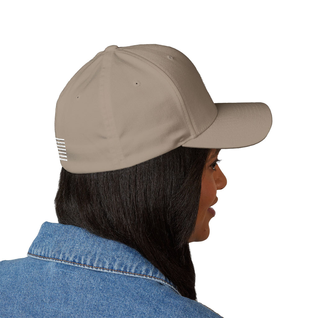 Khaki baseball cap with white embroidered side emblem stripe detail
