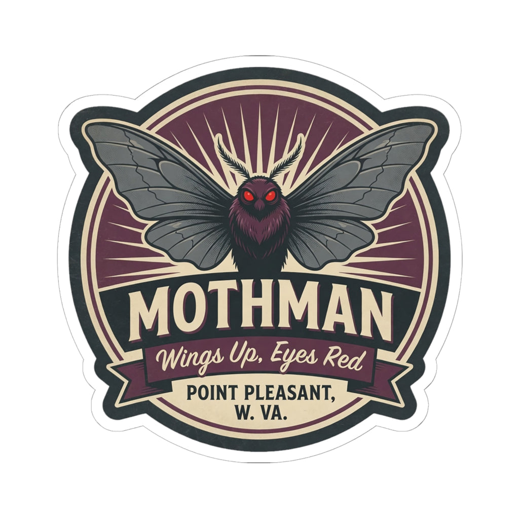Mothman emblem kiss-cut sticker featuring dark wings, red eyes, and Point Pleasant WV text