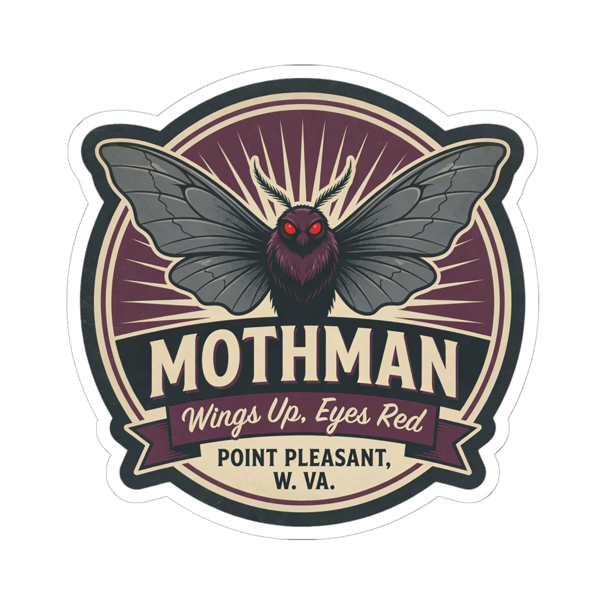 Mothman emblem kiss-cut sticker featuring dark wings, red eyes, and Point Pleasant WV text