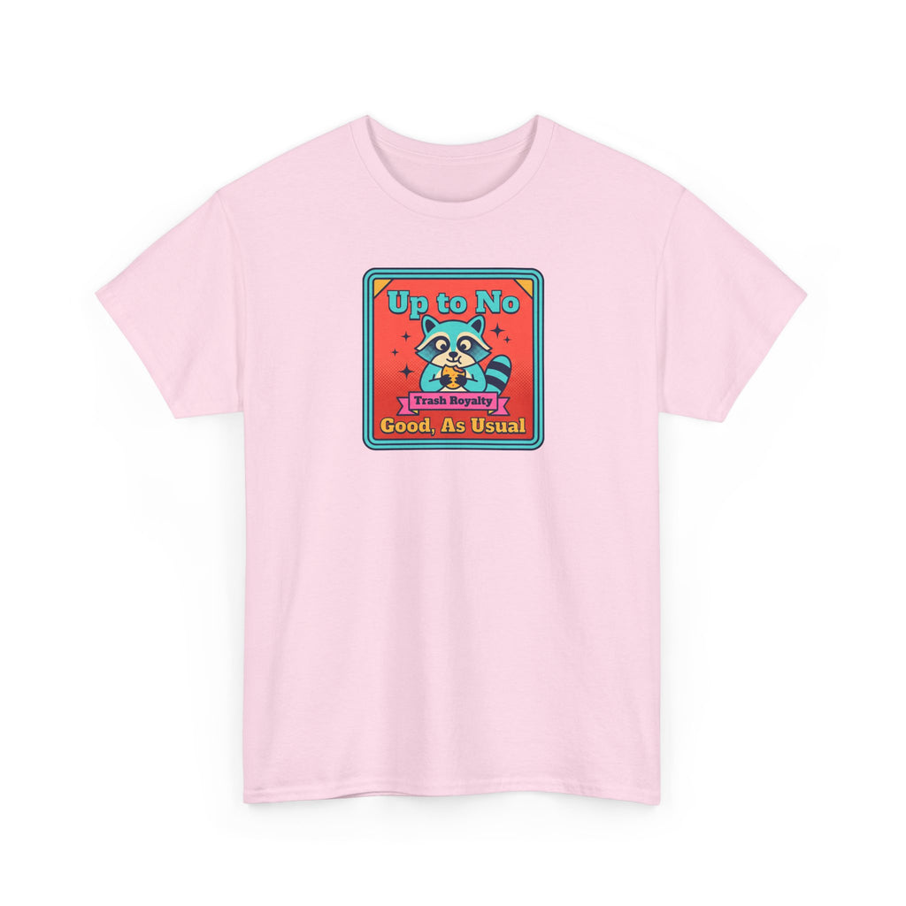 Light pink t-shirt with cartoon raccoon patch graphic on the chest