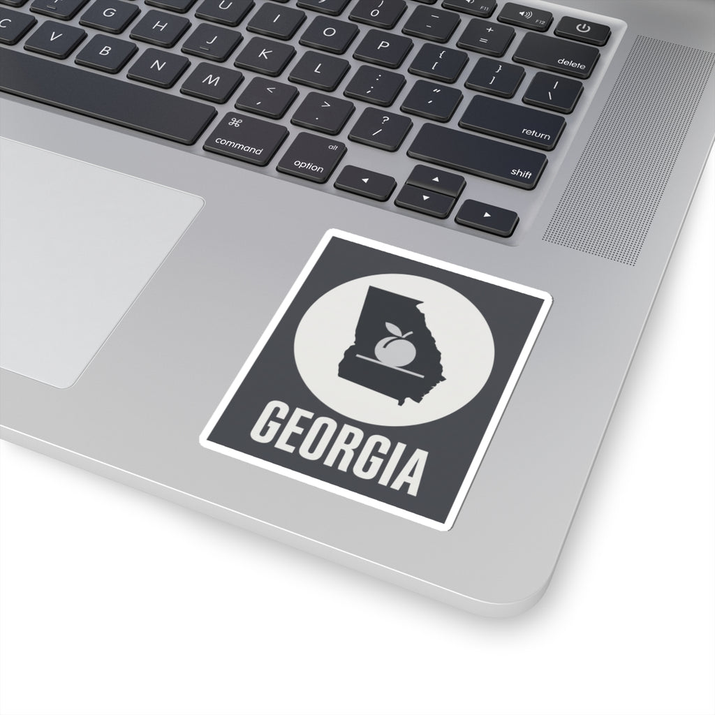 Square vinyl sticker with white border showing Georgia text and state silhouette peach icon.