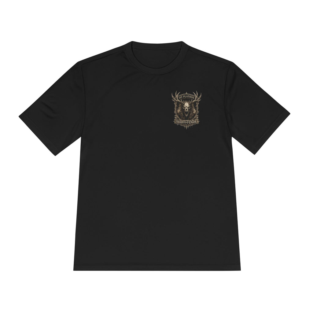 Black T-shirt with small gold deer emblem on left chest