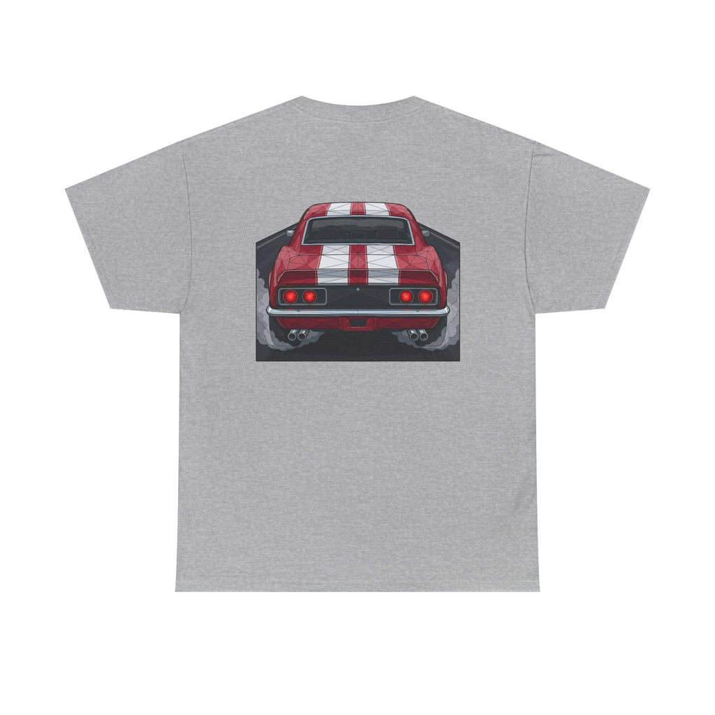 Heather gray crew-neck tee with red vintage car rear graphic centered