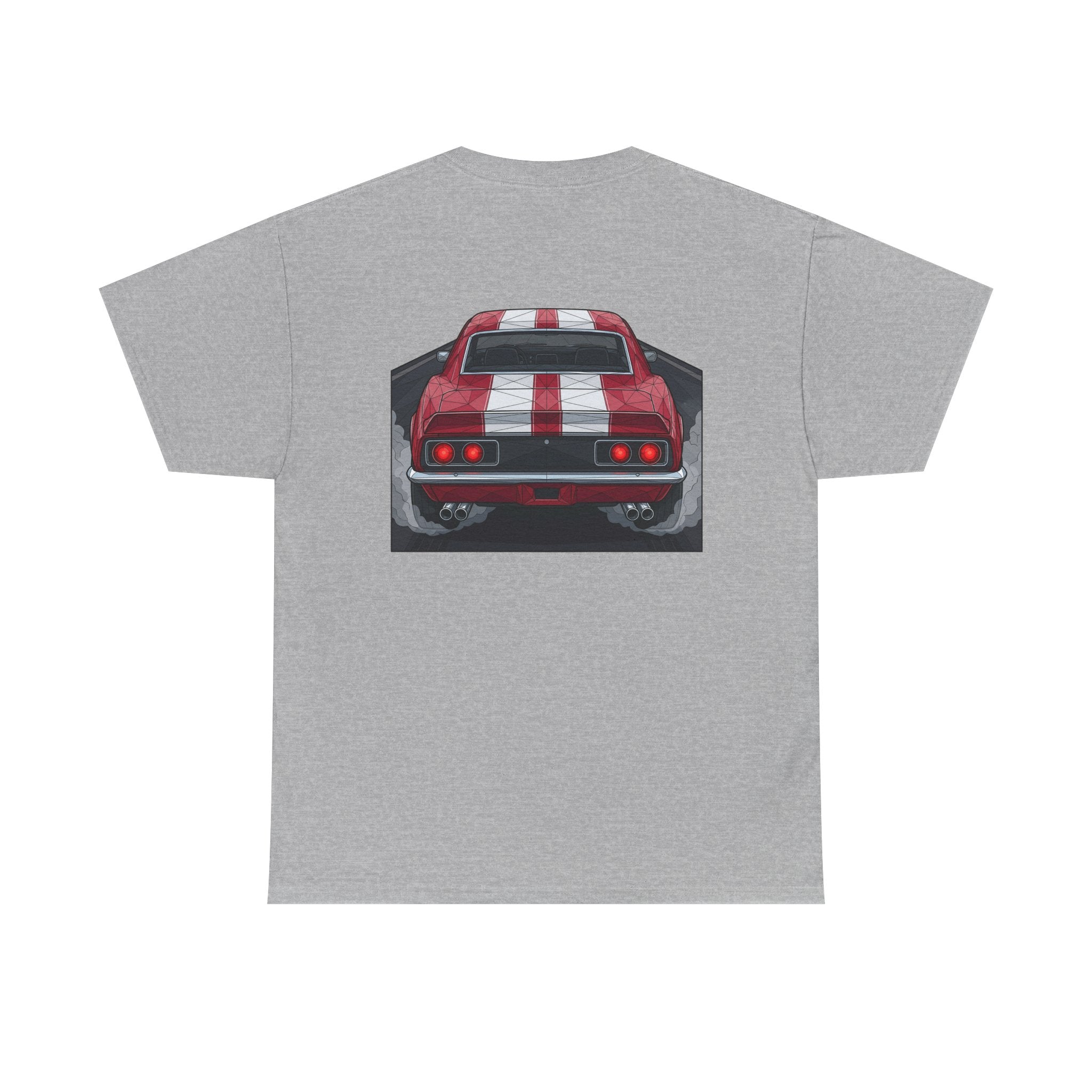 Heather gray crew-neck tee with red vintage car rear graphic centered