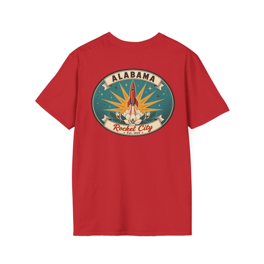 Red T-shirt with circular Alabama Rocket City rocket graphic on chest