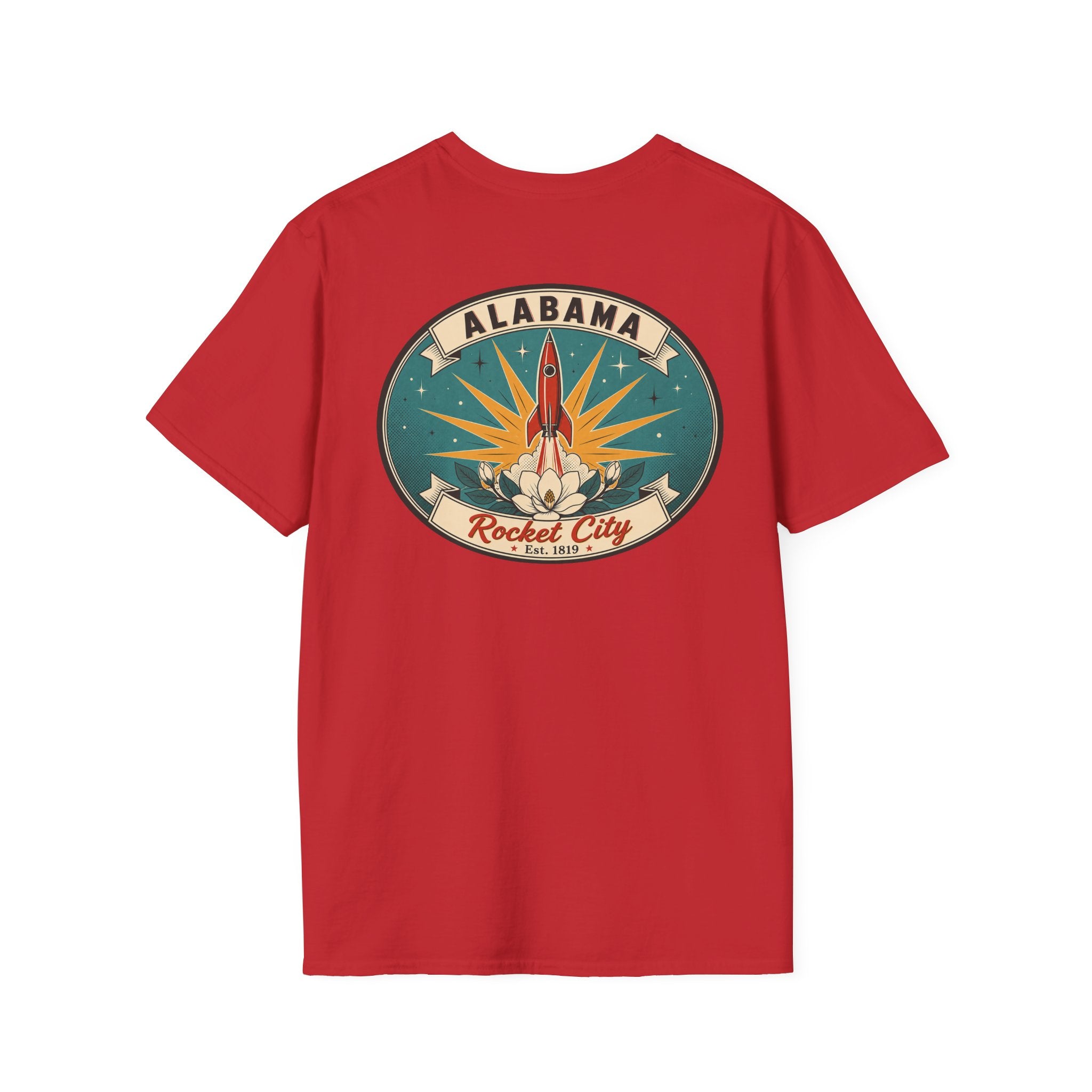 Red T-shirt with circular Alabama Rocket City rocket graphic on chest