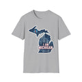 I Am Michigan T-shirt, sport grey crew neck with Michigan map skyline graphic