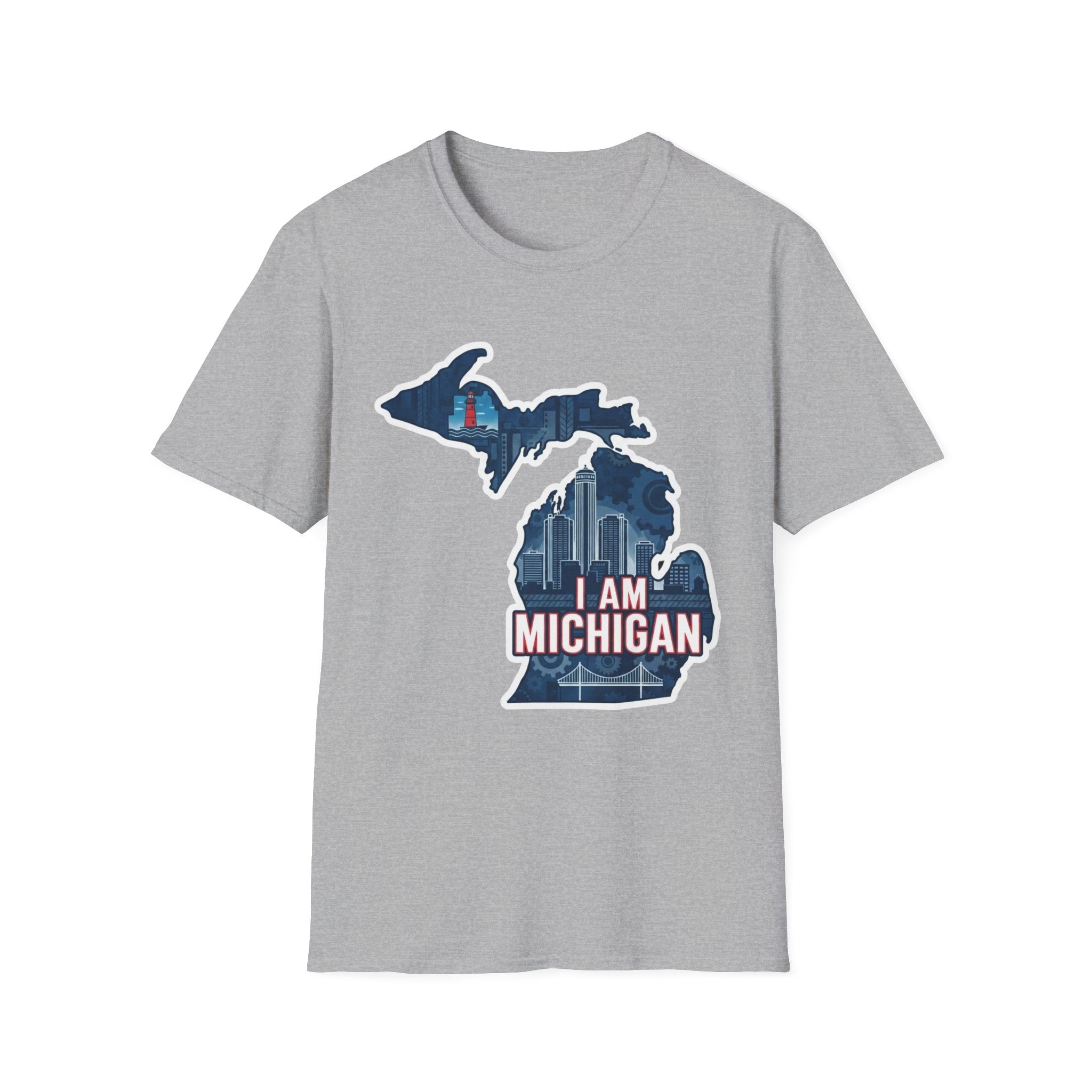 I Am Michigan T-shirt, sport grey crew neck with Michigan map skyline graphic