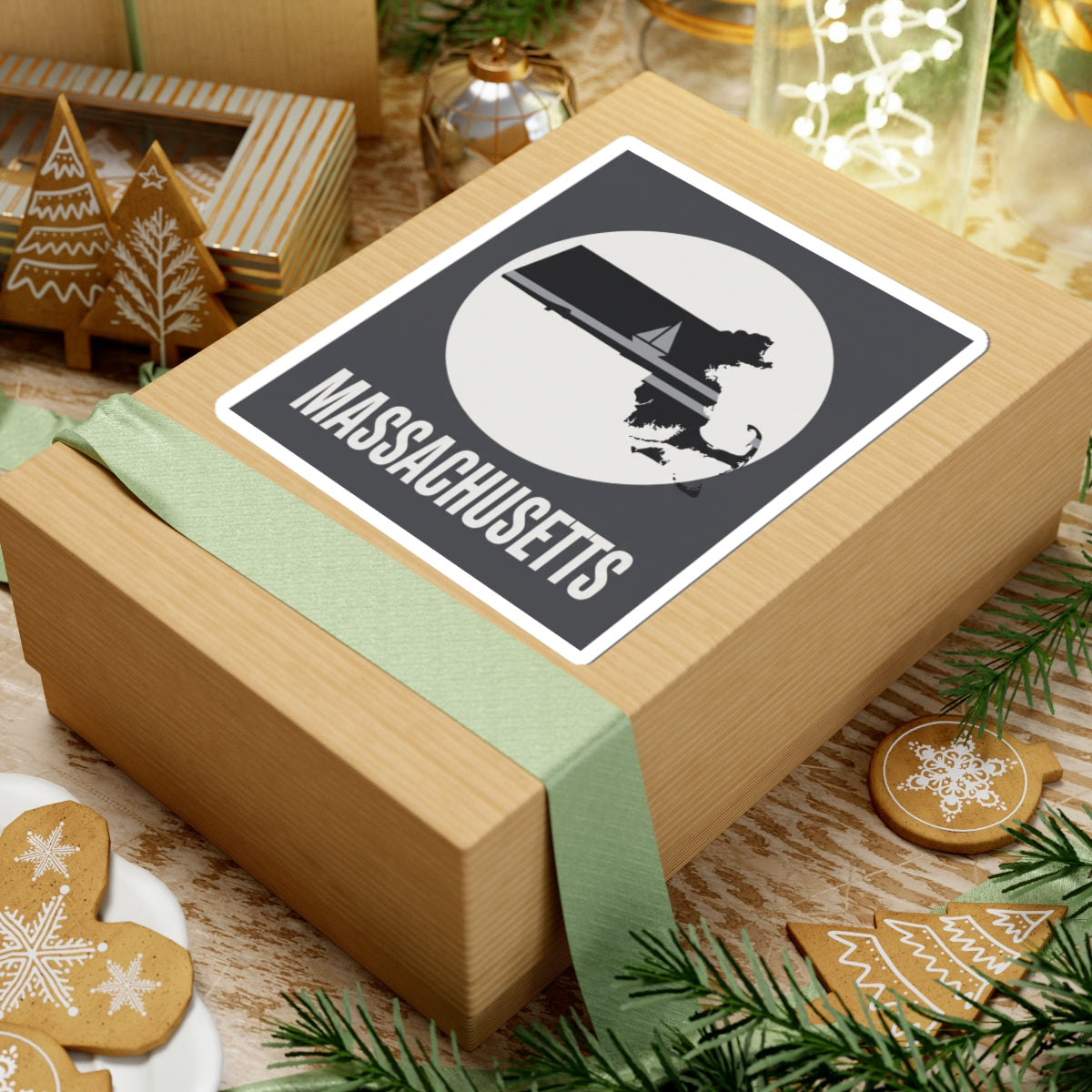 Square Massachusetts sailboat silhouette sticker with retro circle graphic, on gift box