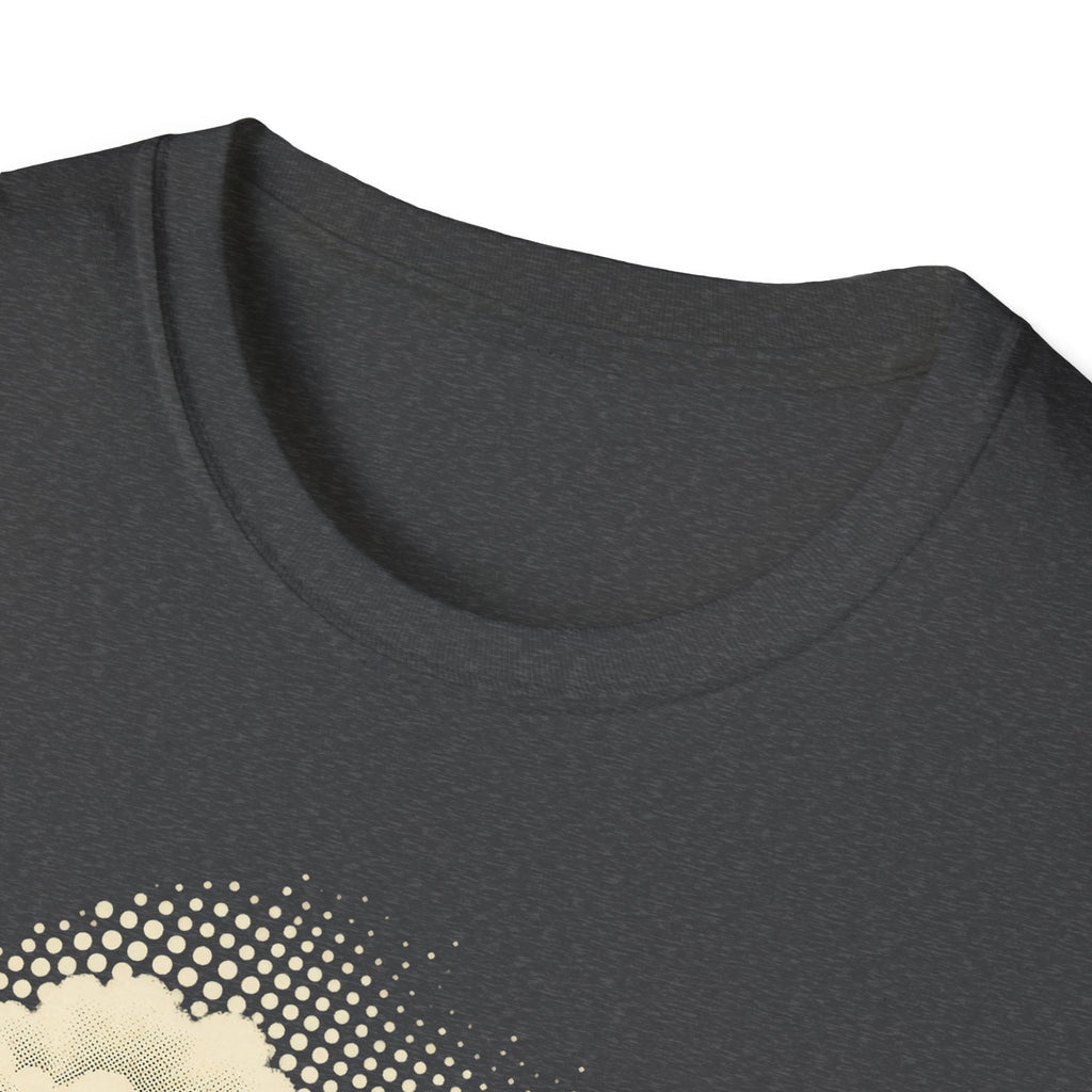 Dark gray crew-neck T-shirt neckline with partial halftone dot graphic